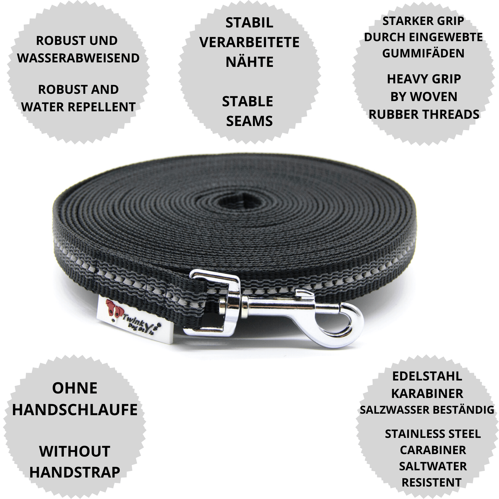 Vorteile Twinkys Dog Style Schleppleine schwarz reflektierend gummiert mit Edelstahlkarabiner und ohne Handschlaufe Schwarz reflektierend gummierte Schleppleine liegt aufgerollt auf weißem Hintergrund. Drumherum sind Punkte mit Vorteilen dieser Schleppleine mit Edelstahlkarabiner und ohne Handschlaufe zu sehen.