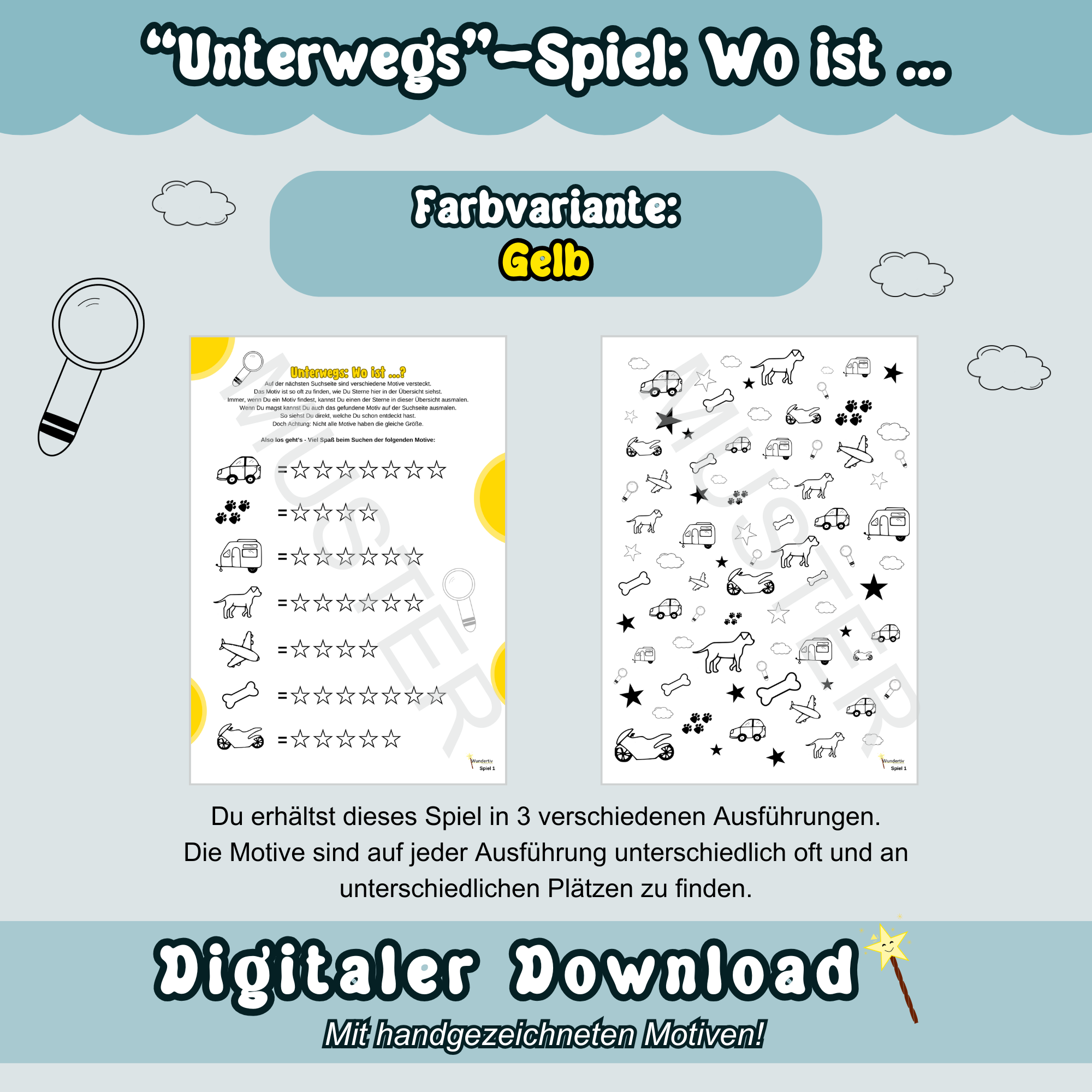 Musterbild zum Spiel "Wo ist …" mit gelben Highlights: Beides Spielbögen des Spiels sind auf blauem Hintergrund zu sehen. Überschrift "Unterwegs-Spiel: Wo ist …". Unten steht "Digitaler Download".