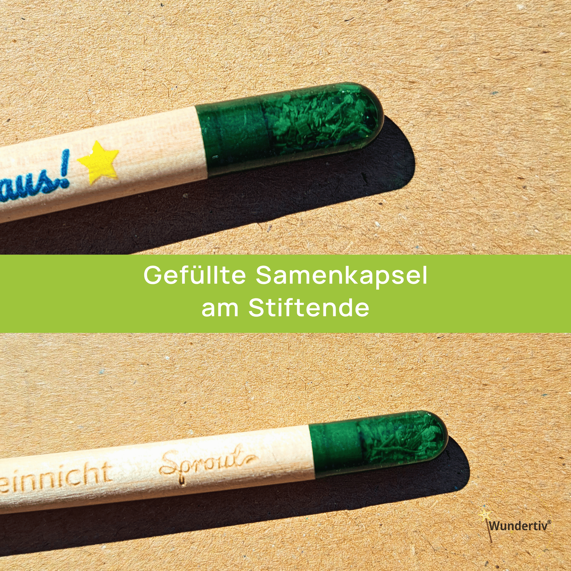 Zwei Fotos zeigen die transparente grüne Kapsel am Ende des Stifts aus unterschiedlichen Perspektiven. In der Kapsel sind die kleinen Pflanzensamen deutlich erkennbar.