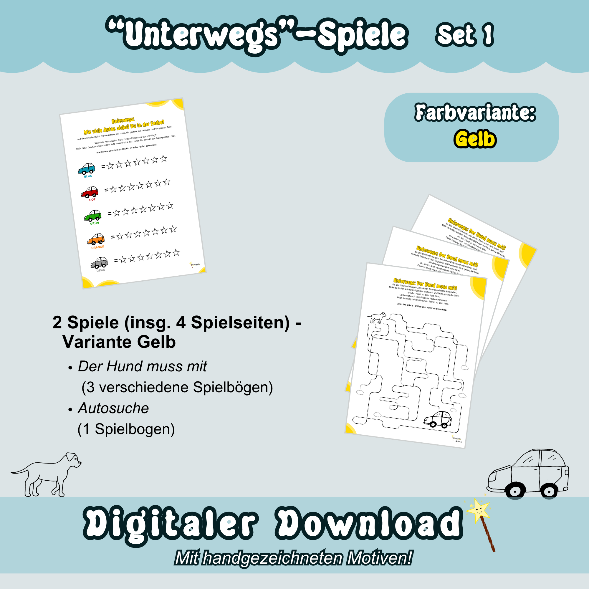 Übersichtsbild zum Wundertiv Spiele-Set 1 zum Thema "Unterwegs" - Version: Gelb, Digitaler PDF Download Übersichtsbild zum Spiele-Set 1 zum Thema "Unterwegs" - Überblick in Gelb: Alle gelben Spielbögen von Set 1 sind auf blauem Hintergrund zu sehen. Dazu sind Inhaltsangaben zu den enthaltenen Spielen aufgezeigt.