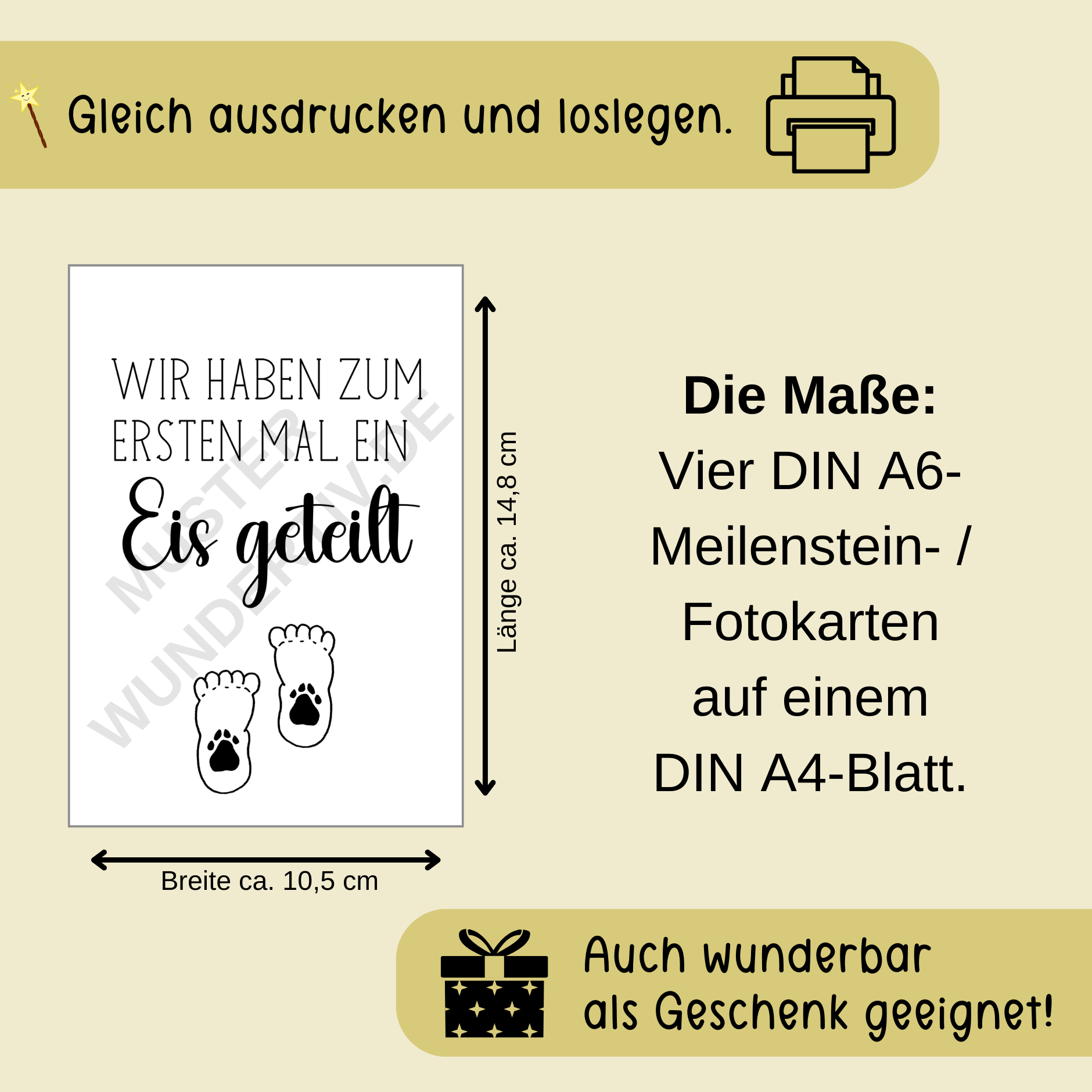 Hinweisbild zu den Wundertiv Meilenstein- und Fotokarten Baby / Kind und Hund: Motiv Gemeinsame Schritte. Hinweis, zu den Maßen und Größen der Karten.