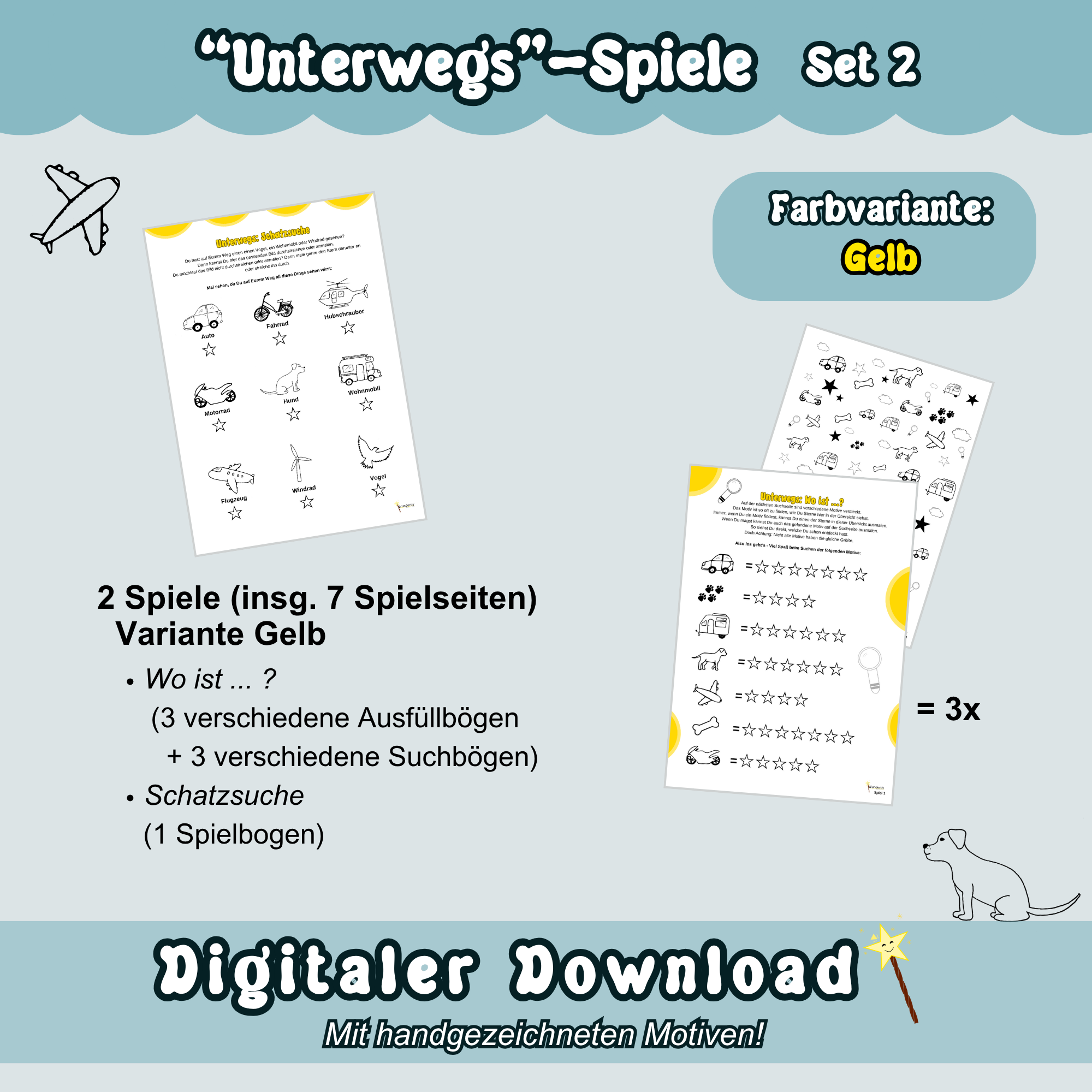 Übersichtsbild zum Spiele-Set 2 zum Thema "Unterwegs" - Überblick in Gelb: Alle gelben Spielbögen von Set 2 sind auf blauem Hintergrund zu sehen. Dazu sind Inhaltsangaben zu den enthaltenen Spielen aufgezeigt.