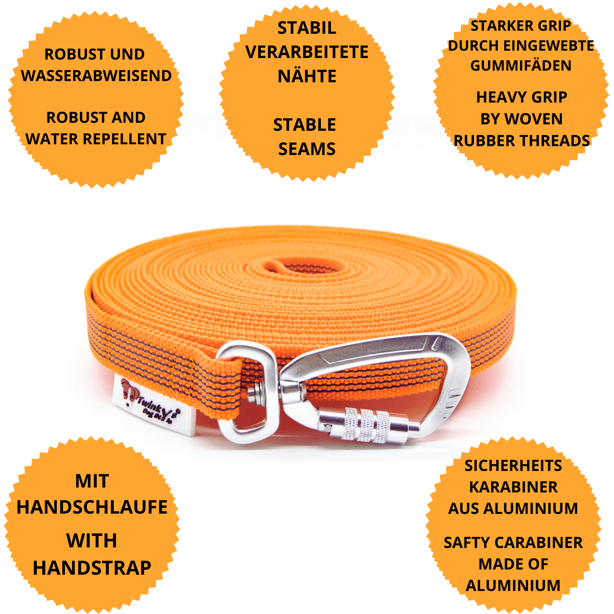 Orange gummierte Schleppleine mit Sicherheitskarabiner liegt aufgerollt auf weißem Hintergrund. Um sie herum sind Punkte mit Vorteilen von dieser gummierten Schleppleine mit Sicherheitskarabiner und Handschlaufe zu sehen.