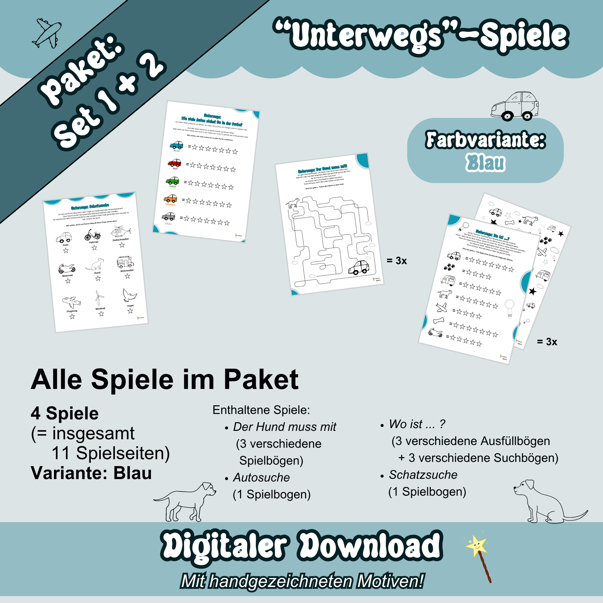 Übersichtsbild zum Spielepaket zum Thema "Unterwegs" - Überblick Blau: Alle blauen Spielbögen von Set 1 + 2 sind auf blauem Hintergrund zu sehen. Dazu sind Inhaltsangaben zu den enthaltenen Spielen aufgezeigt.