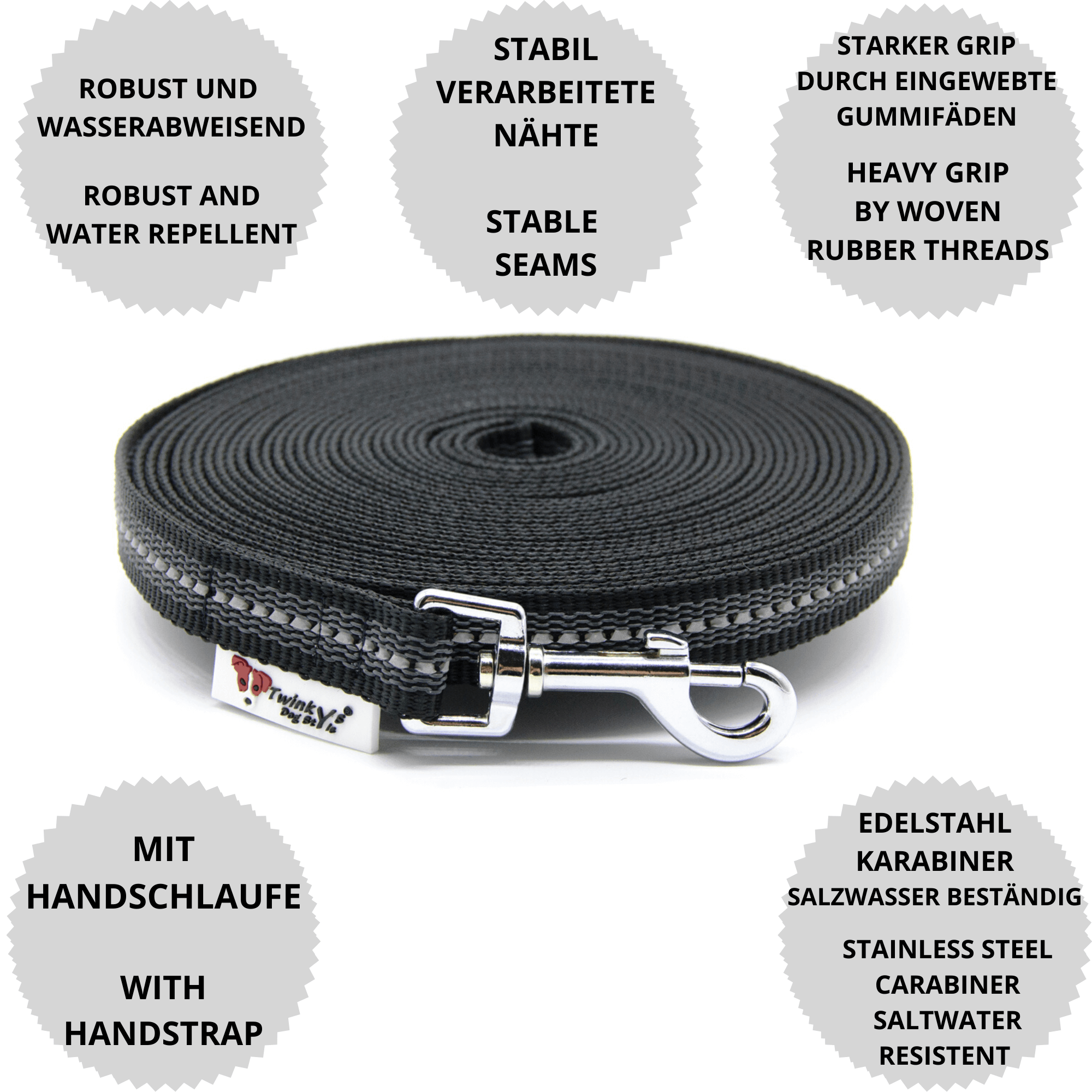 Vorteile Twinkys Dog Style Schleppleine schwarz reflektierend gummiert mit Edelstahlkarabiner und Handschlaufe Schwarz reflektierend gummierte Schleppleine liegt aufgerollt auf weißem Hintergrund. Drumherum sind Punkte mit Vorteilen dieser Schleppleine mit Edelstahlkarabiner und Handschlaufe zu sehen.