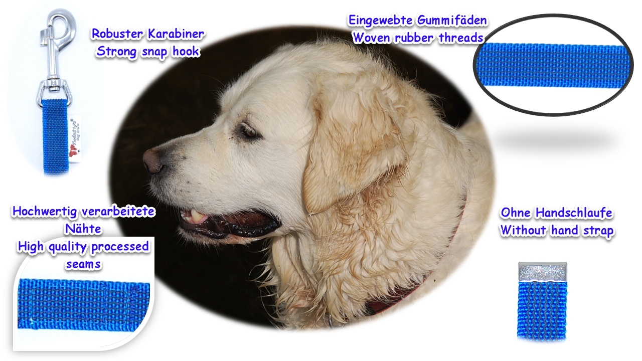 Bild von hellem Hund in der Mitte. Um ihn herum Auflistung von Bildern und Schrift mit Vorteilen von blau gummierter Schleppleine ohne Handschlaufe.