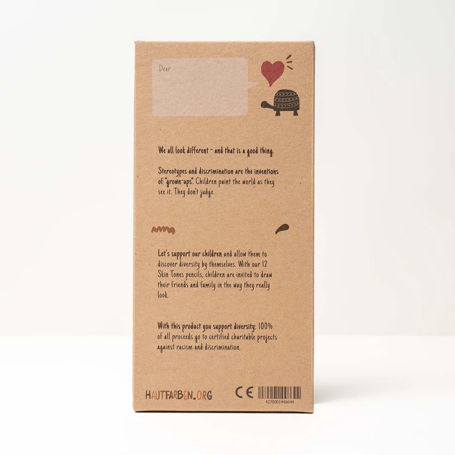 Rückseite vom englischen Hautfarben Buntstifte-Set Englischsprachige Verpackung der Hautfarben Buntstifte von Hinten auf weißem Hintergrund