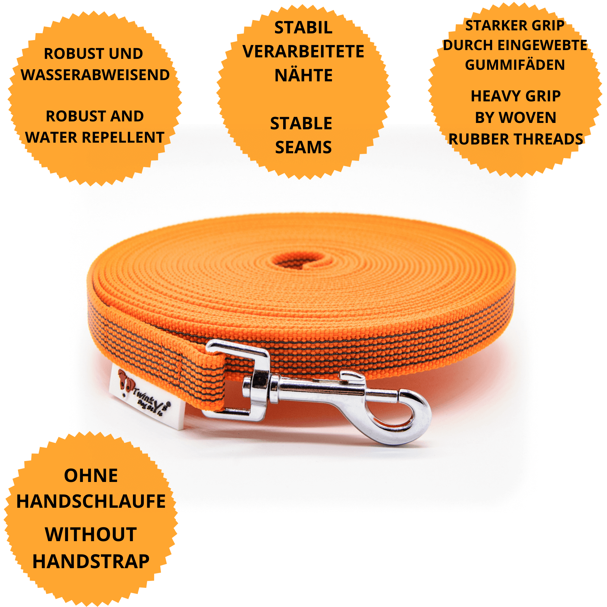 Orange gummierte Schleppleine liegt aufgerollt auf weißem Hintergrund. Um sie herum sind Punkte mit Vorteilen von dieser Schleppleine mit Zinkdruckgusskarabiner, ohne Handschlaufe