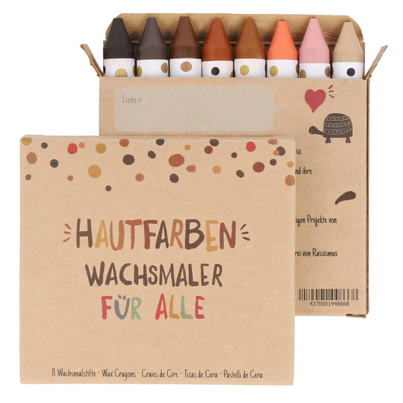 Verpackung der Hautfarben Wachsmalstifte von Hinten und Vorne auf weißem Hintergrund. Aus der hinteren Packungen schauen die Wachsmalstifte etwas heraus.