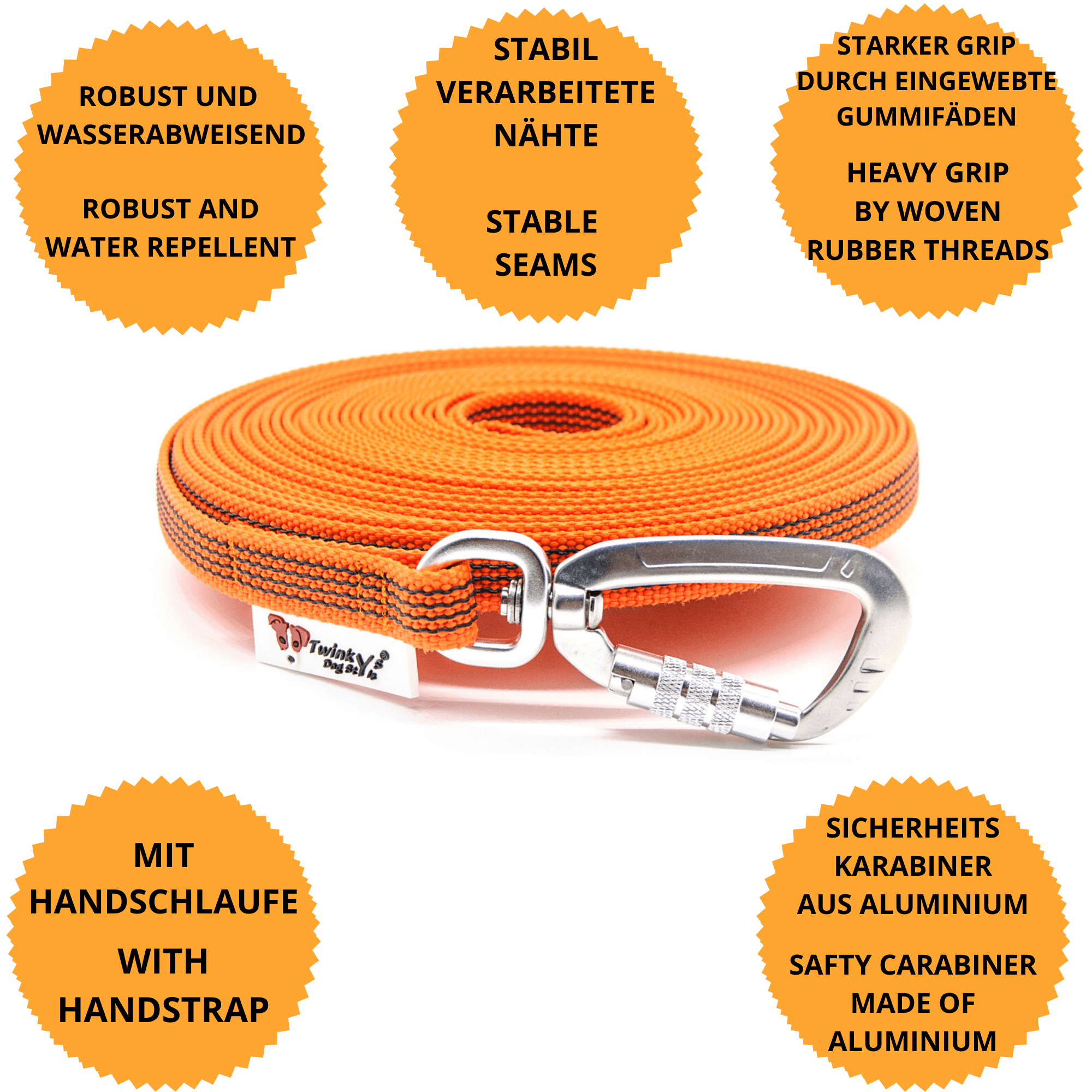 Vorteile Twinkys Dog Style Schleppleine orange gummiert mit Sicherheitskarabiner und mit Handschlaufe, in 15 mm Breite Orange gummierte 15 mm breite Schleppleine mit Sicherheitskarabiner, liegt aufgerollt auf weißem Hintergrund. Um sie herum sind Punkte mit Vorteilen von dieser gummierten Schleppleine mit Sicherheitskarabiner und Handschlaufe zu sehen.