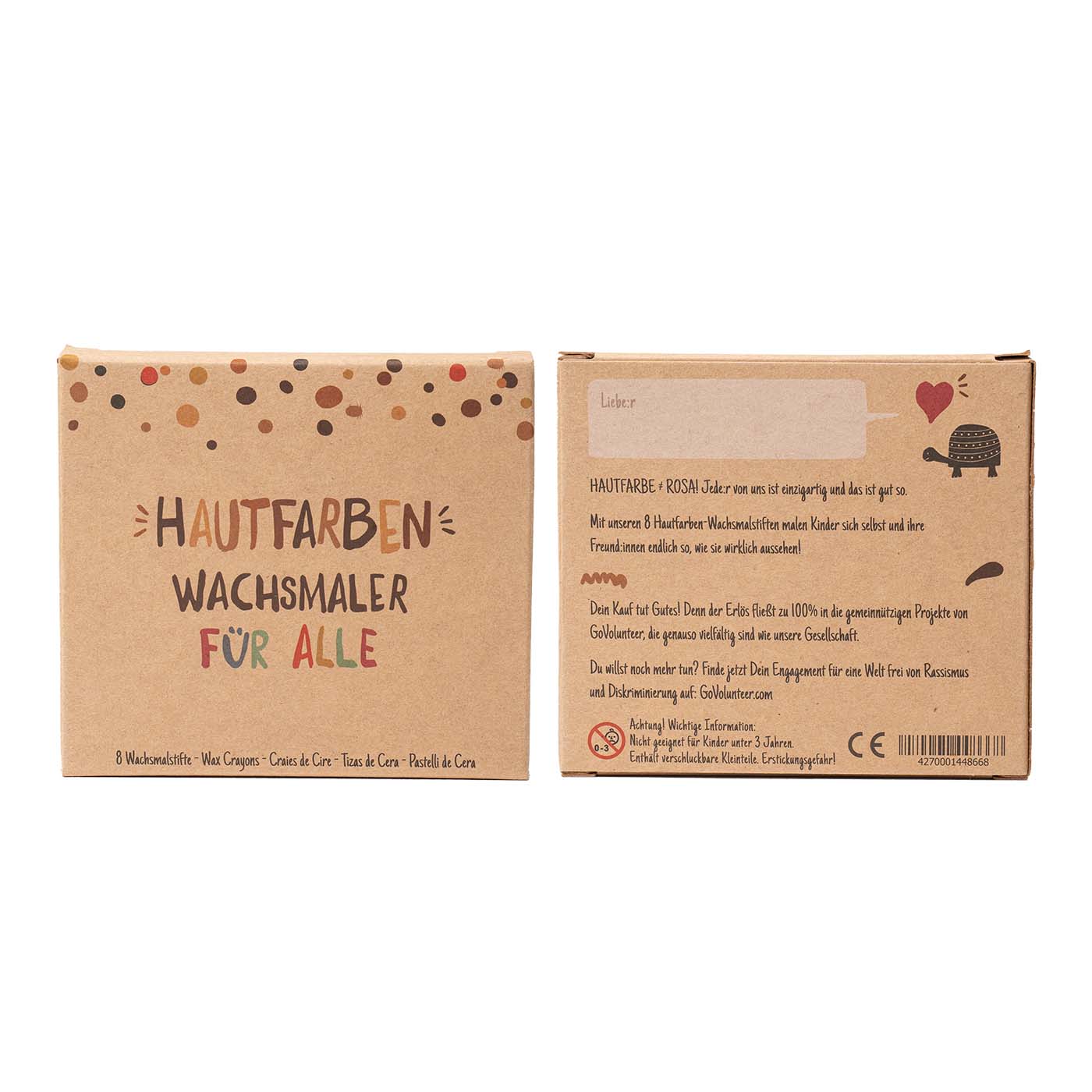 Vorder- und Rückseite vom Hautfarben Wachsmalstifte-Set Verpackung der Hautfarben Wachsmalstifte von Hinten und Vorne auf weißem Hintergrund