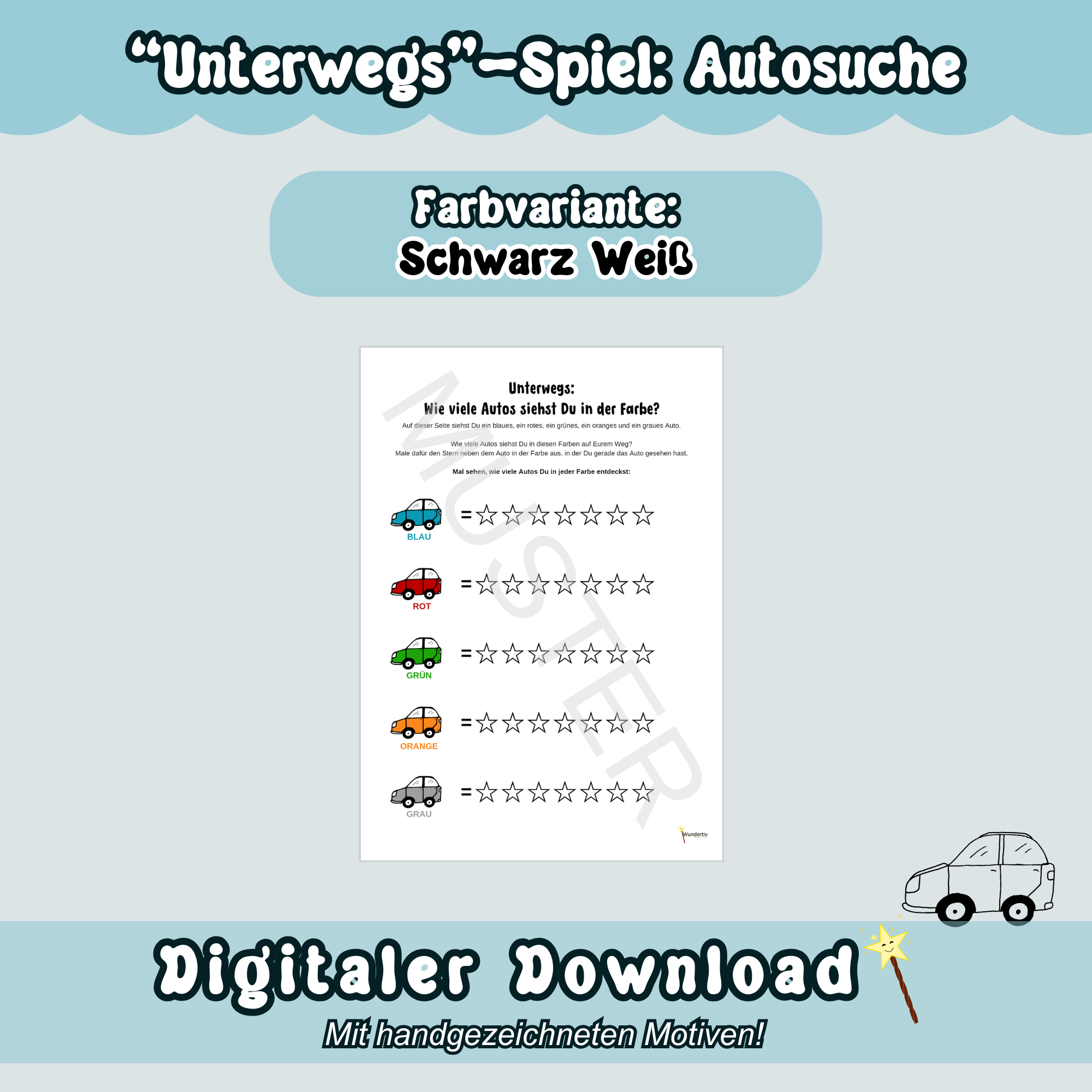 Musterbild zum Spiel "Autosuche" bzw. "Wie viele Autos siehst Du" in Schwarz Weiß: Der Spielbogen Spiel ist hier auf blauem Hintergrund zu sehen. Überschrift "Unterwegs-Spiele: Autosuche". Unten ist mittig "Digitaler Download" zu lesen.
