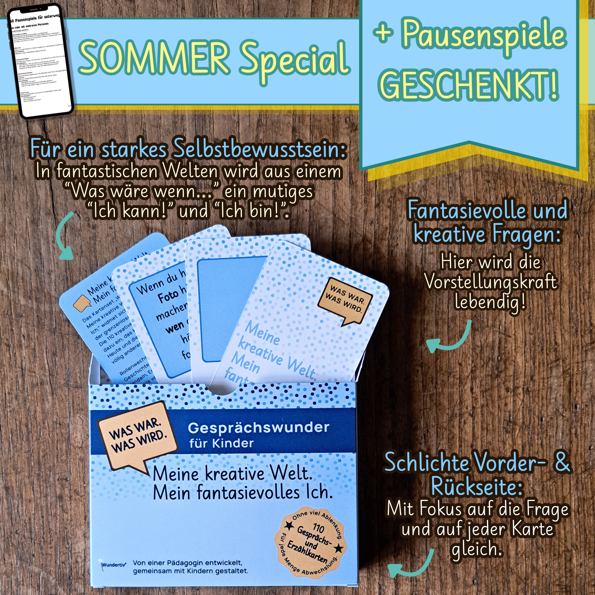 Sommer-Special: Vorderansicht der Box des 2. Gesprächswunder-Sets. Vier Spielkarten ragen oben aus der Schachtel (1 Fragekarte von Vorn, 1 Fragekarte von hinten, 1 Blankokarte, 1 Hinweiskarte). Text-Einblendungen einiger Vorteile der Gesprächskarten.