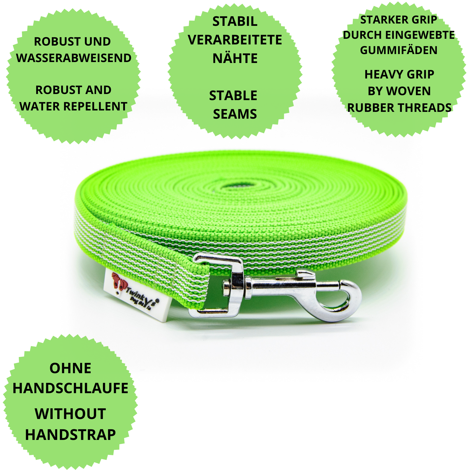 Vorteile Twinkys Dog Style Schleppleine hellgrün gummiert mit Zinkdruckgusskarabiner ohne Handschlaufe Hellgrüne gummierte Schleppleine liegt aufgerollt auf weißem Hintergrund. Drumherum sind Punkte mit Vorteilen von hellgrüner gummierten Schleppleine mit Zinkdruckgusskarabiner ohne Handschlaufe zu finden