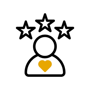 Icon für das Beratungs- und Begleitangebot von Wundertiv, Mira Dahm - Symbolbild für Zufriedenheit Grafik eines Männchens mit einem Herz auf dem Brustkorb und Sternen über dem Kopf.