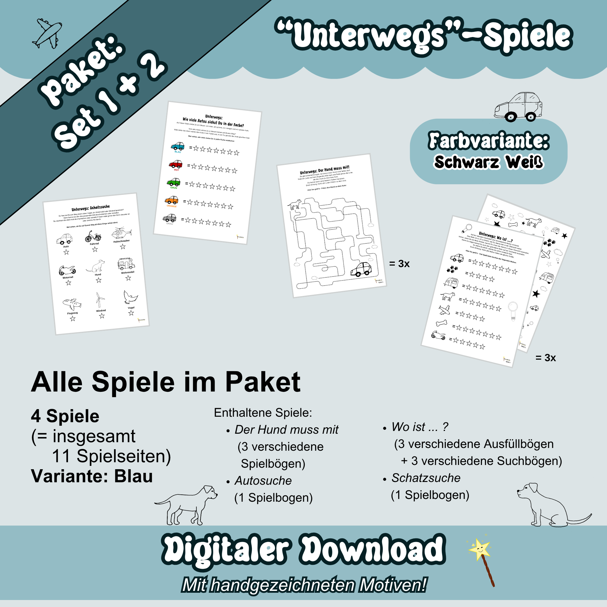 Übersichtsbild zum Spielepaket zum Thema "Unterwegs" - Überblick Schwarz Weiß: Alle Schwarz Weißen Spielbögen von Set 1 + 2 sind auf blauem Hintergrund zu sehen. Dazu sind Inhaltsangaben zu den enthaltenen Spielen aufgezeigt.
