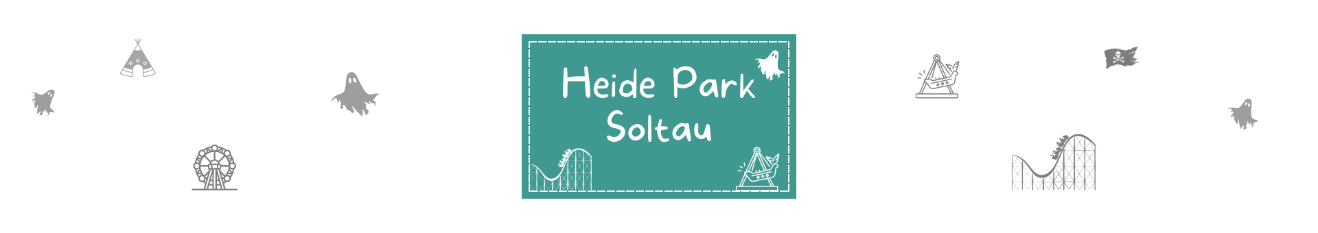 Titelbild vom Datenbankeintrag zum Heide Park Soltau Türkis Rechteckt mit gestrichelter weißer Umrandung etwas vom Rand entfernt. Darauf mit weißer Schrift "Heide Park Soltau". Drumherum Symbole die zu Ausflugsziel passen.