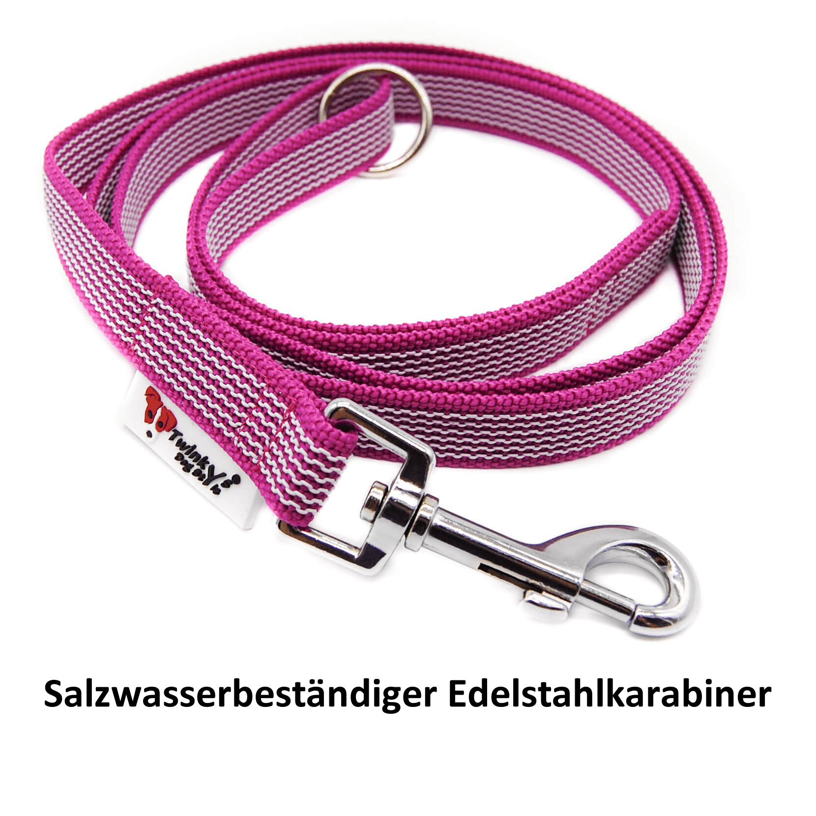 Pink Führleine gummiert in 160 cm Länge und 20 mm Breite von Twinkys Dog Style mit Edelstahlkarabiner Pink gummierte Führleine in 160 cm Länge und 20 mm Breite mit Edelstahlkarabiner liegt locker aufgerollt auf weißem Hintergrund