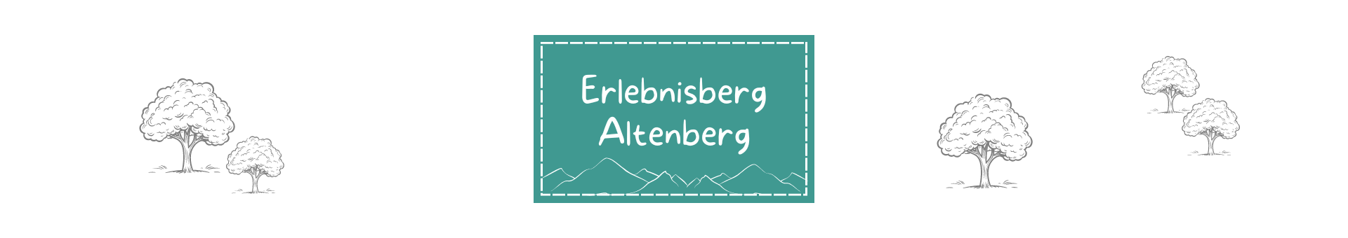 Titelbild vom Datenbankeintrag Erlebnisberg Altenberg Türkis Rechteckt mit gestrichelter weißer Umrandung etwas vom Rand entfernt. Darauf mit weißer Schrift "Erlebnisberg Altenberg". Drumherum Symbole die zu Ausflugsziel passen.