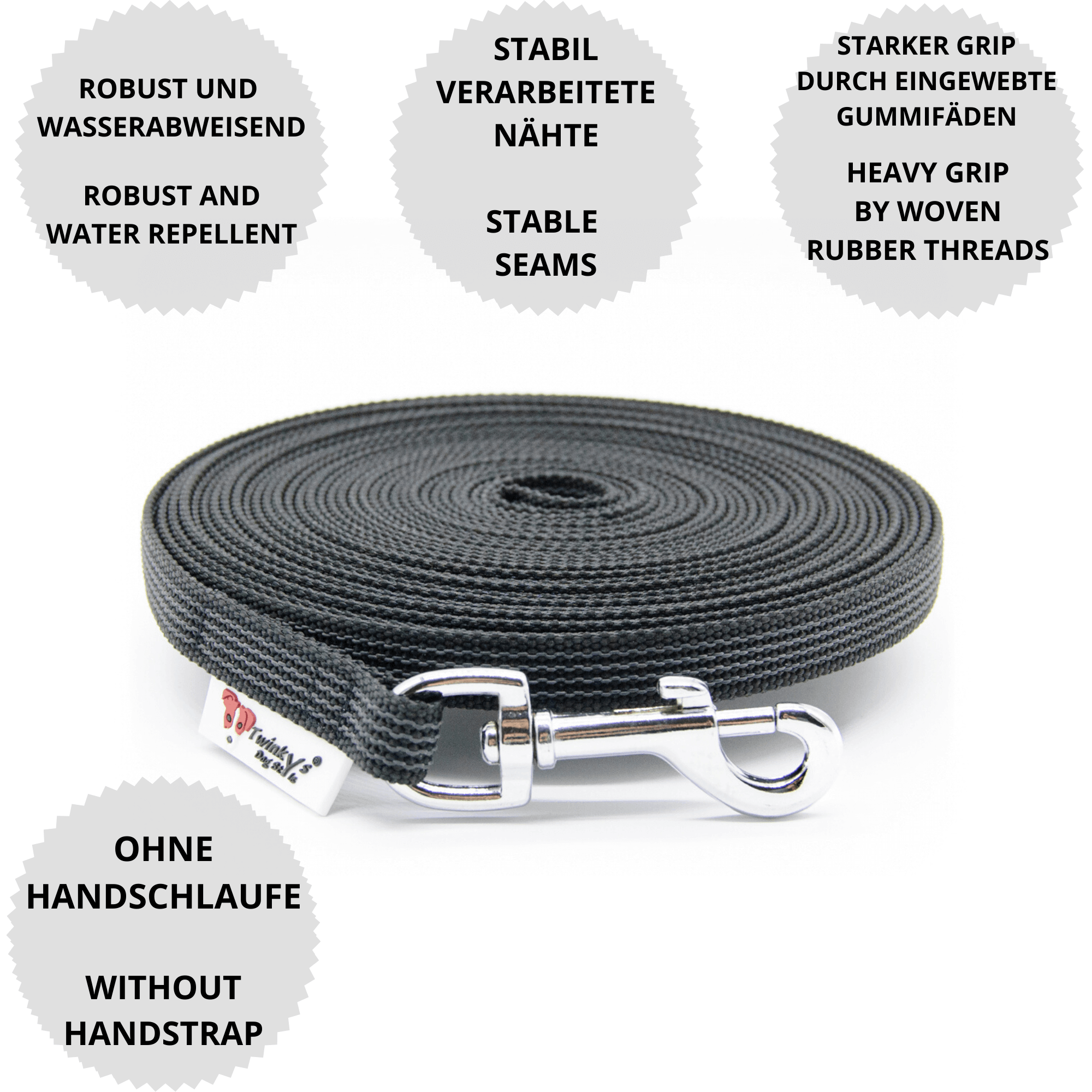 Vorteile Twinkys Dog Style Schleppleine schwarz gummiert mit Zinkdruckgusskarabiner, ohne Handschlaufe Schwarz gummierte Schleppleine liegt aufgerollt auf weißem Hintergrund. Drumherum sind Punkte mit Vorteilen von dieser Schleppleine mit Zinkdruckgusskarabiner, ohne Handschlaufe