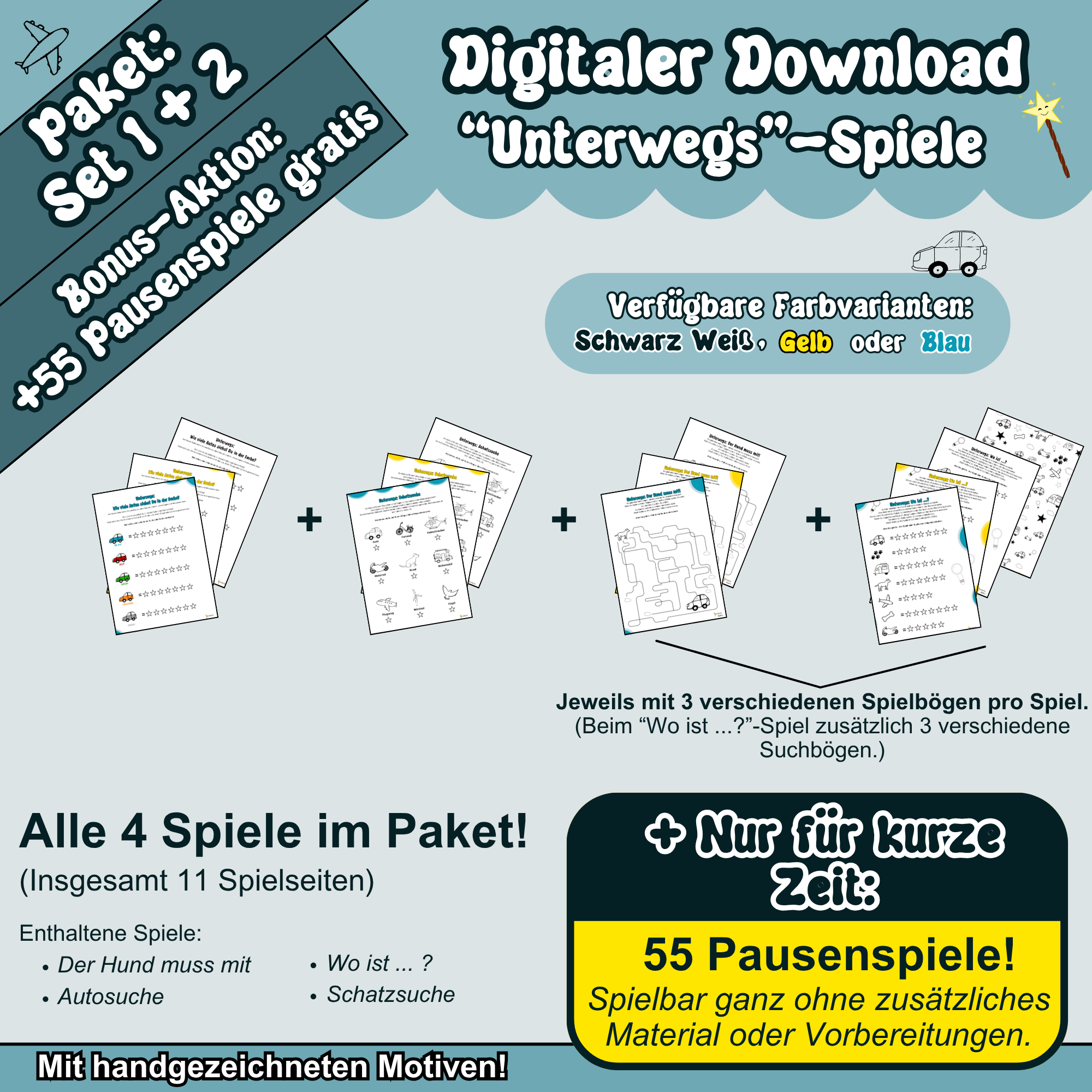 Vorschau des digitalen Kinder-Spielpakets ‚Unterwegs-Spiele‘ mit 4 Spielideen und 11 Seiten als PDF-Download. Enthalten: Autosuche, Schatzsuche, Der Hund muss mit, Wo ist ...? In 3 Farbvarianten: Schwarz-Weiß, Gelb oder Blau.