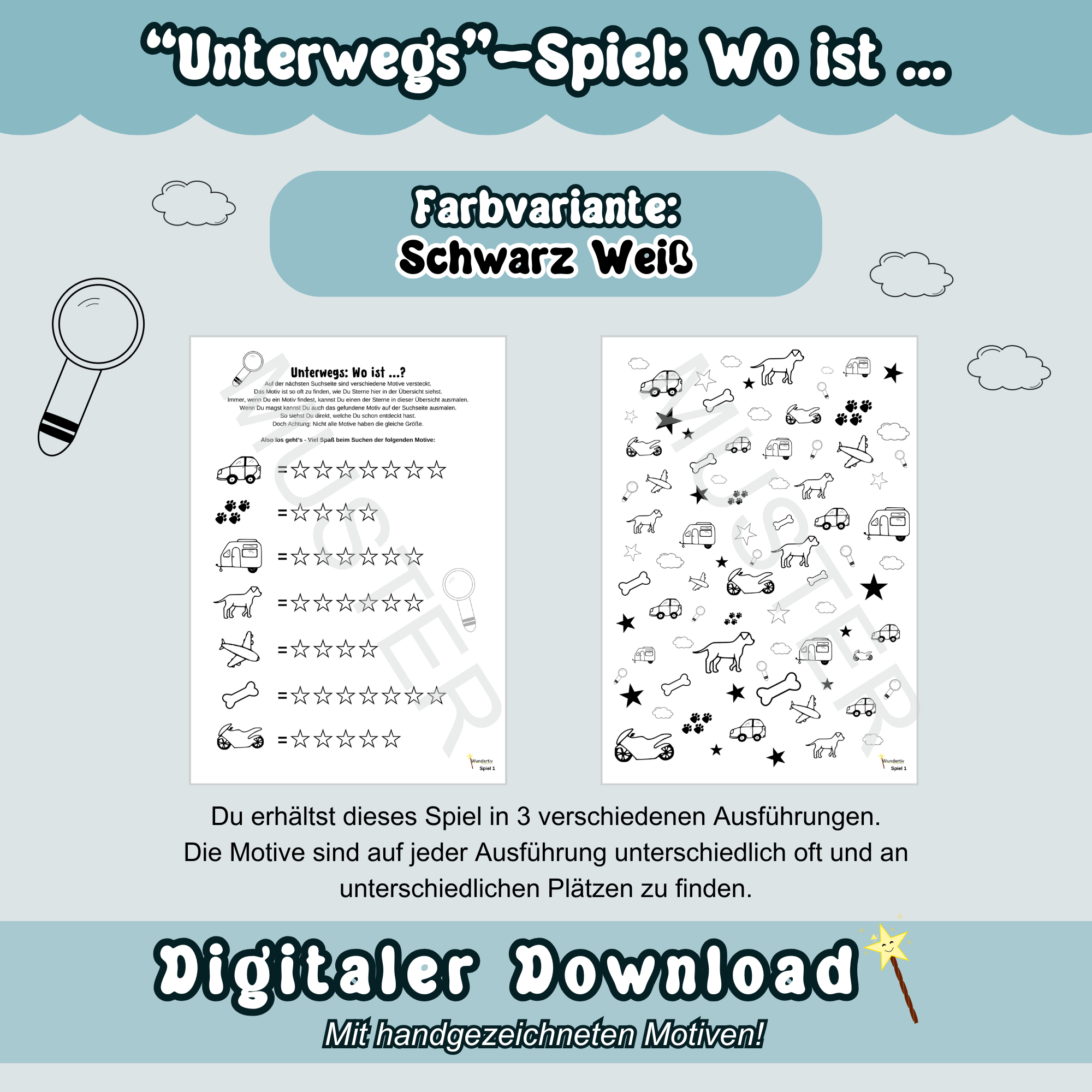 Musterbild zum Spiel "Wo ist …" in Schwarz Weiß: Beides Spielbögen des Spiels sind auf blauem Hintergrund zu sehen. Überschrift "Unterwegs-Spiel: Wo ist …". Unten steht "Digitaler Download".