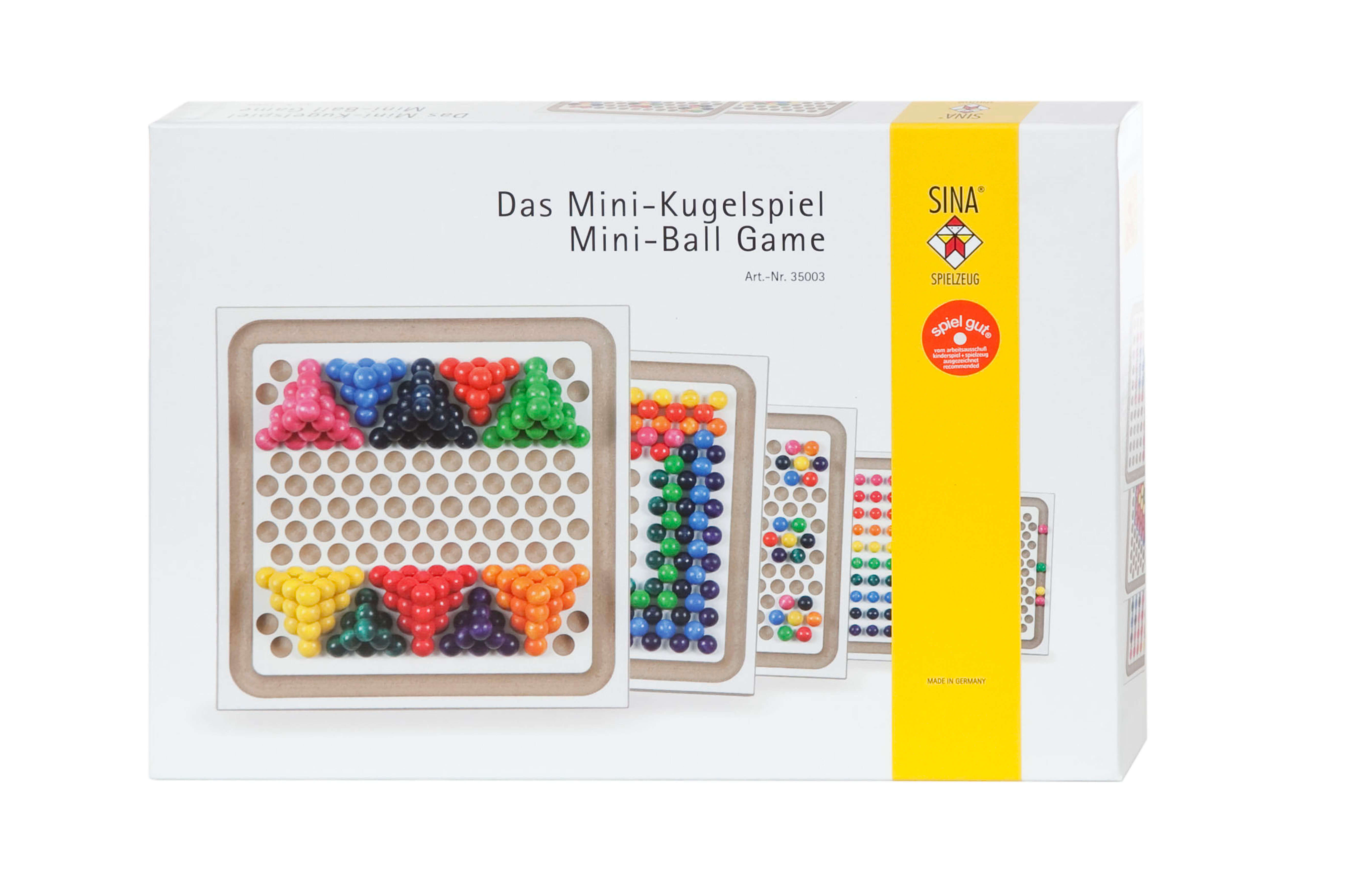 Die Verpackung des Mini-Holzkugelspiels auf weißem Hintergrund