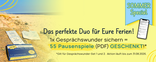 Sommer-Special-Grafik: Wundertiv Kartenset am Strand. Text: "Das perfekte Duo für Eure Ferien! 1x Gesprächswunder sichern = 55 Pausenspiele (PDF) GESCHENKT!". Rechts ein Handy. Gültig bis 31.08.2026.