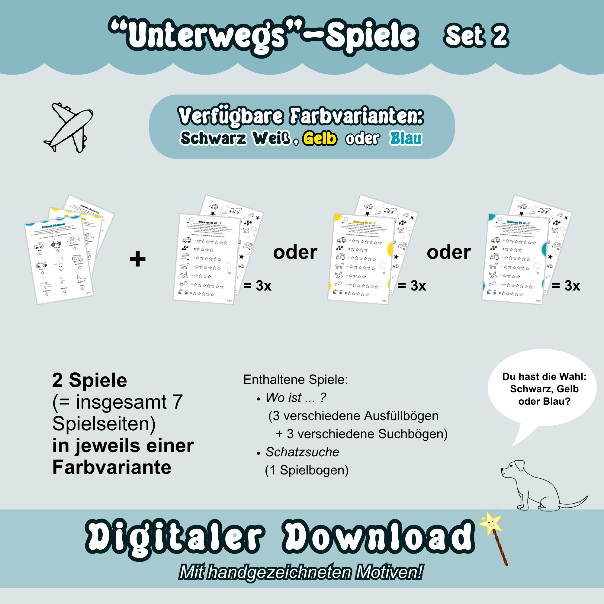 Übersichtsbild zum Spiele-Set 2 zum Thema "Unterwegs" - Überblick mit allen Farben: Alle Spielbögen von Set 2 sind auf blauem Hintergrund zu sehen. Dazu sind Inhaltsangaben zu den enthaltenen Spielen aufgezeigt.