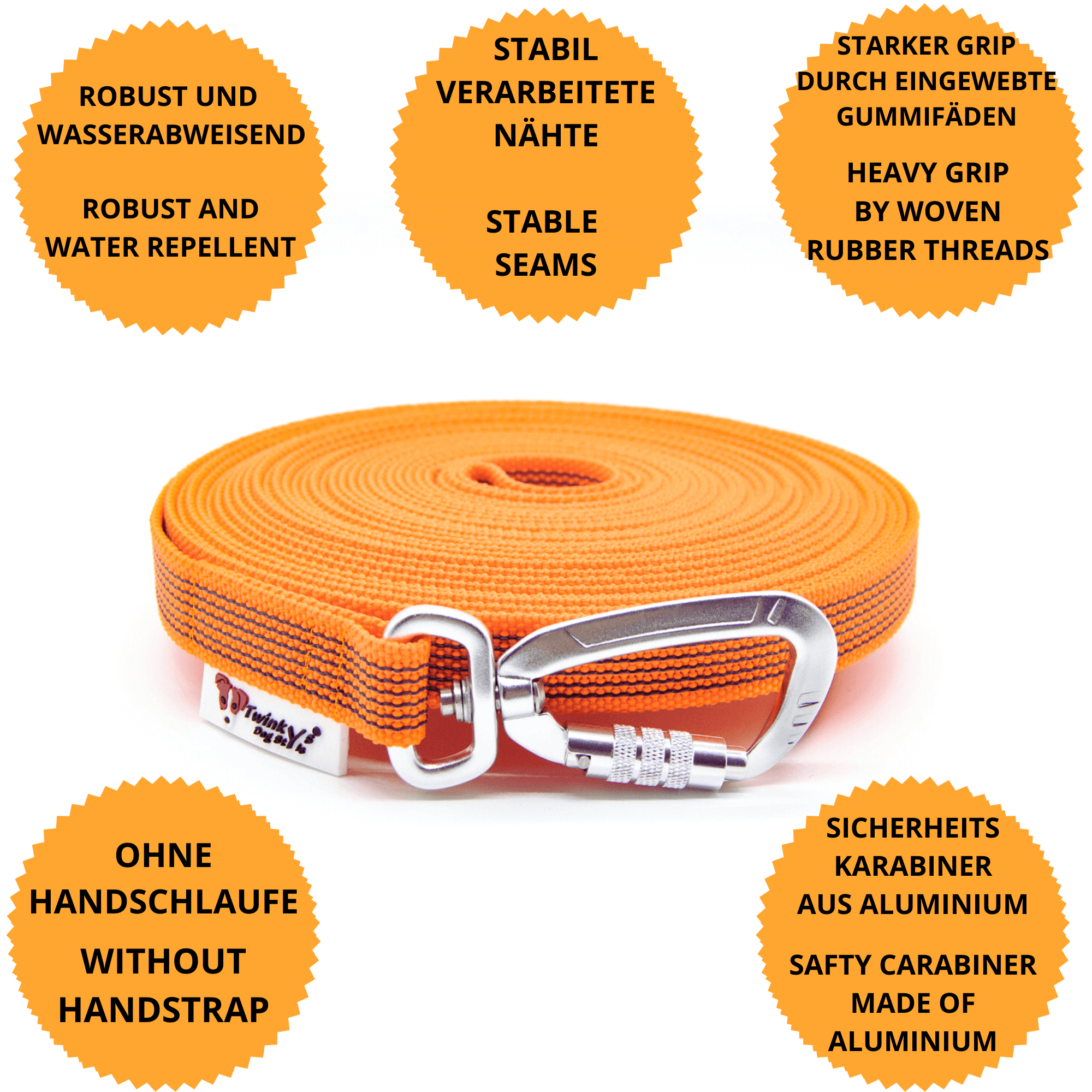 Vorteile Twinkys Dog Style Schleppleine orange gummiert mit Sicherheitskarabiner und ohne Handschlaufe Orange gummierte Schleppleine mit Sicherheitskarabiner liegt aufgerollt auf weißem Hintergrund. Um sie herum sind Punkte mit Vorteilen von dieser gummierten Schleppleine mit Sicherheitskarabiner und ohne Handschlaufe zu sehen.