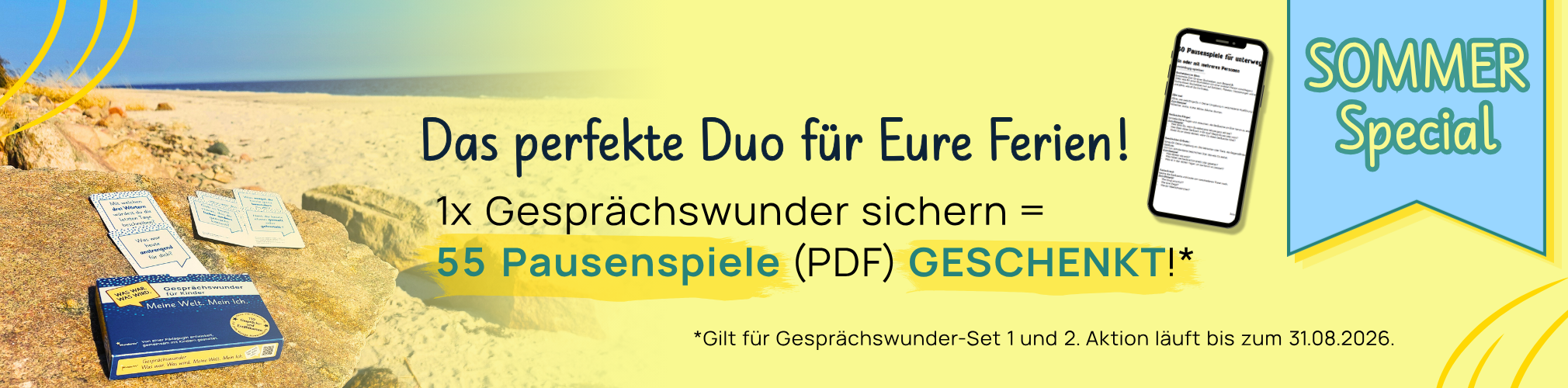 Breites Sommer-Special-Banner: Wundertiv Kartenset am Strand. Text: "Das perfekte Duo für Eure Ferien! 1x Gesprächswunder sichern = 55 Pausenspiele (PDF) GESCHENKT!". Handy zeigt PDF. Bis 31.08.2026.