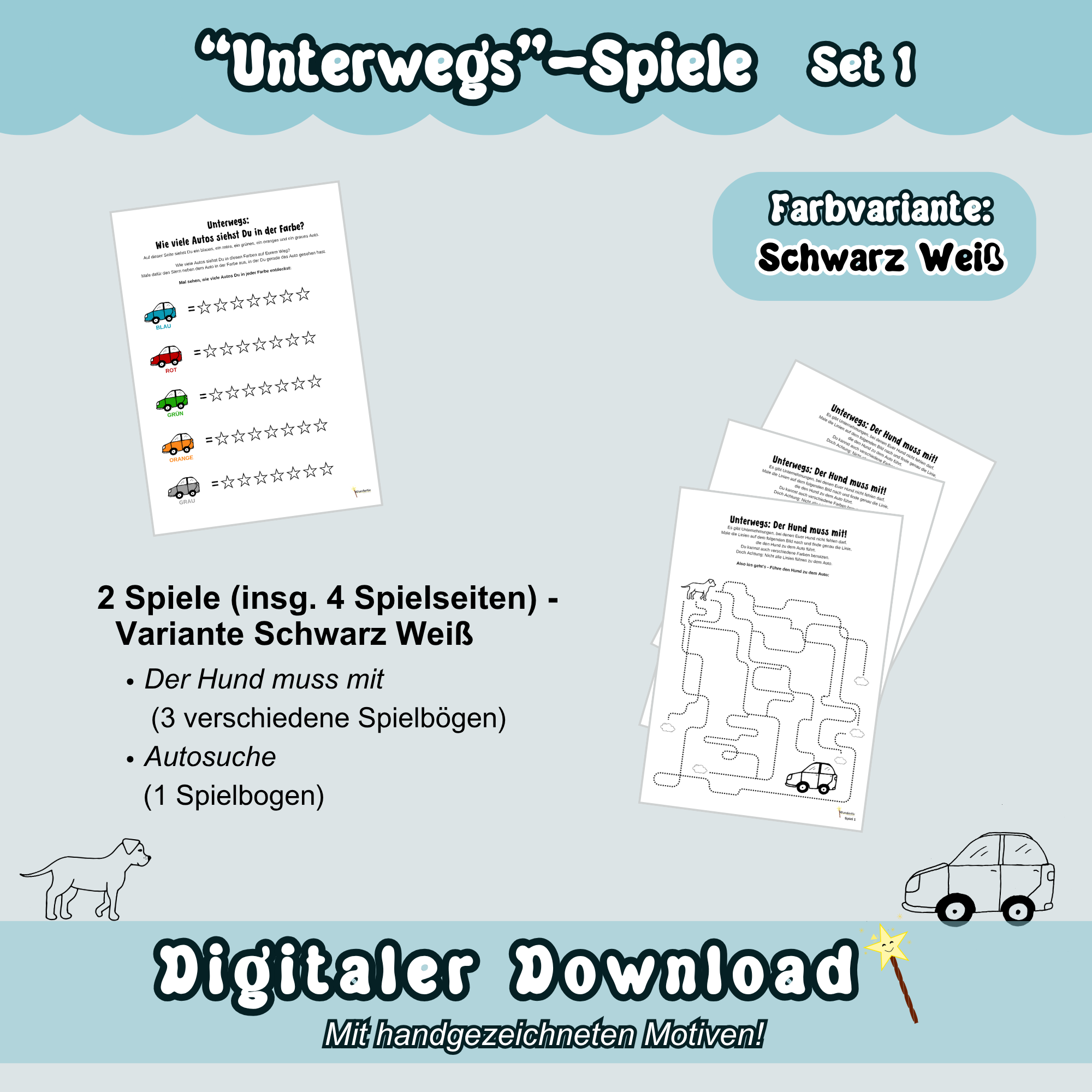 Übersichtsbild zum Spiele-Set 1 zum Thema "Unterwegs" - Überblick in Schwarz Weiß: Alle schwarz weißen Spielbögen von Set 1 sind auf blauem Hintergrund zu sehen. Dazu sind Inhaltsangaben zu den enthaltenen Spielen aufgezeigt.