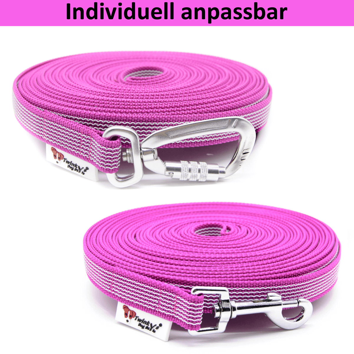 Titelbild der pink gummierten 20 mm Schleppleine von Twinkys Dog Style Zwei pink gummierte Schleppleinen liegen aufgerollt auf weißem Hintergrund. Eine mit einem Sicherheitskarabiner, die andere mit einem Edelstahlkarabiner oder Zinkdruckgusskarabiner. Darüber steht Schwarz auf pinkem Balken Individuell anpassbar