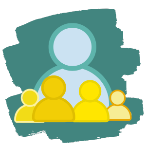 Brush-Icon Beratung und Begleitung Pädagogische Fachkräfte von Wundertiv, Mira Dahm Ein großes blaues Icon-Männchen, mit mehreren kleinen Icon-Männchen in gelbtönen davor. Im Hintergrund ist eine große blaue Fläche wie angemalt. - Icon zu der Beratung von pädagogischen Fachkräften