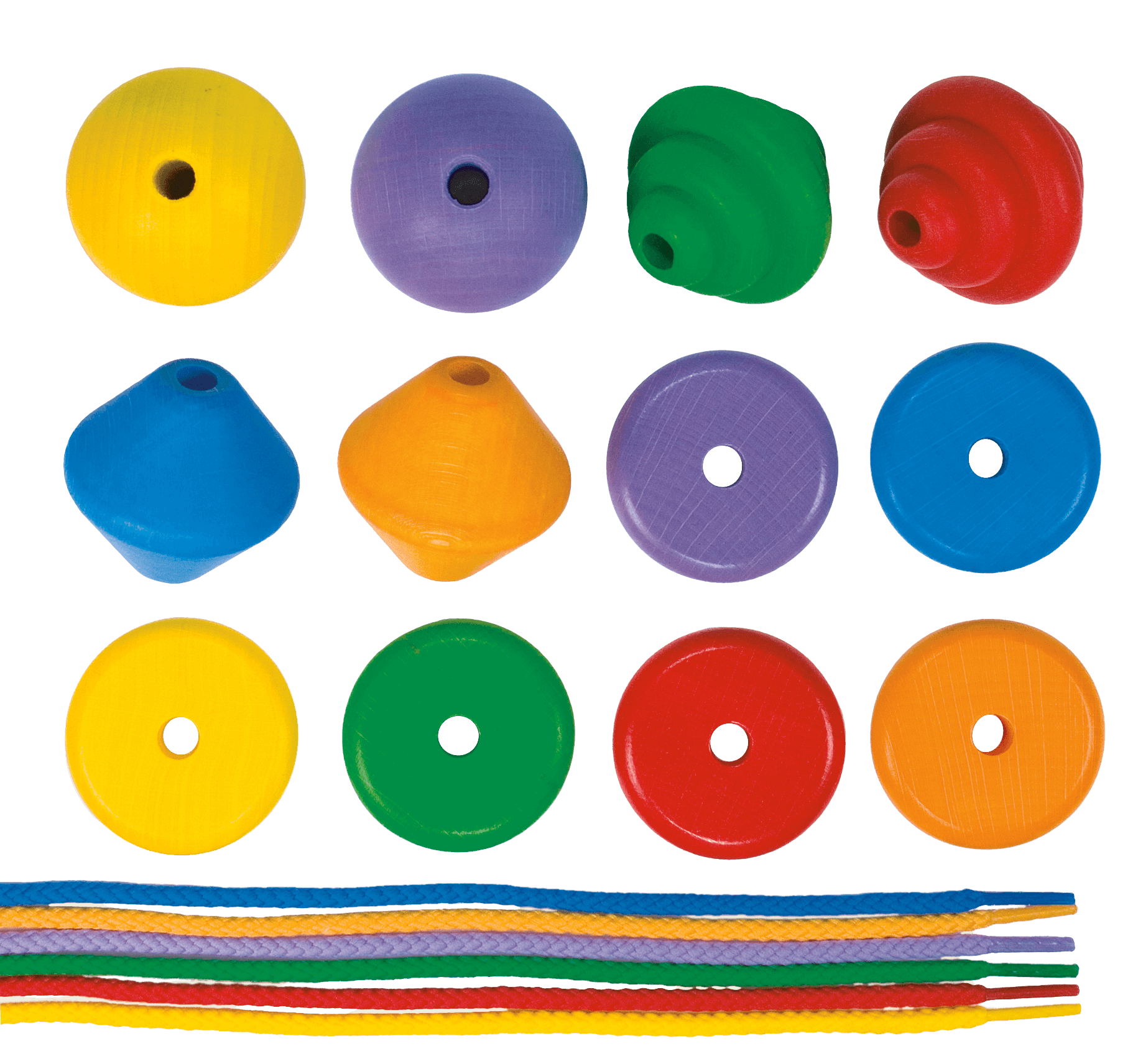 Sina Spielzeug Fädelspiel Holzperlen XXL Perlen und Schnüre 12 bunte große Holzkugeln und sechs Schnüre mit festen Enden in verschiedenen Farben liegen auf weißem Hintergrund