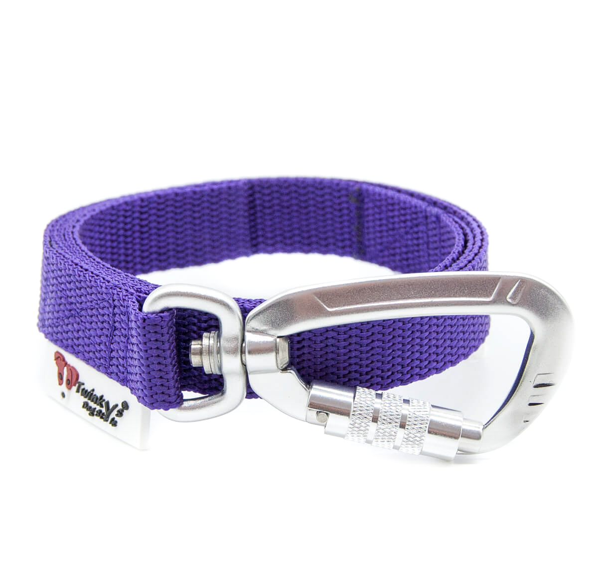 Lila 1 Meter Leine mit Sicherheitskarabiner - aus leichten Gurtband von Twinkys Dog Style Lila 1 Meter Leine aus leichtem Gurtband mit Sicherheitskarabiner, liegt aufgerollt auf weißem Hintergrund