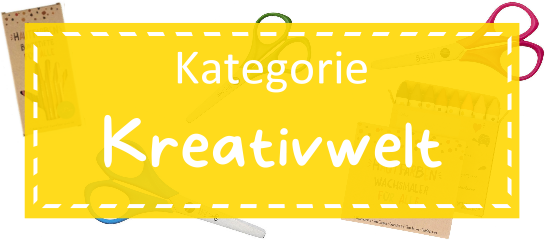 Kategoriebild Kreativwelt Ein leicht transparenter orange-gelber Kasten auf dem mit weißer Schrift "Kategorie Kreativwelt" steht
