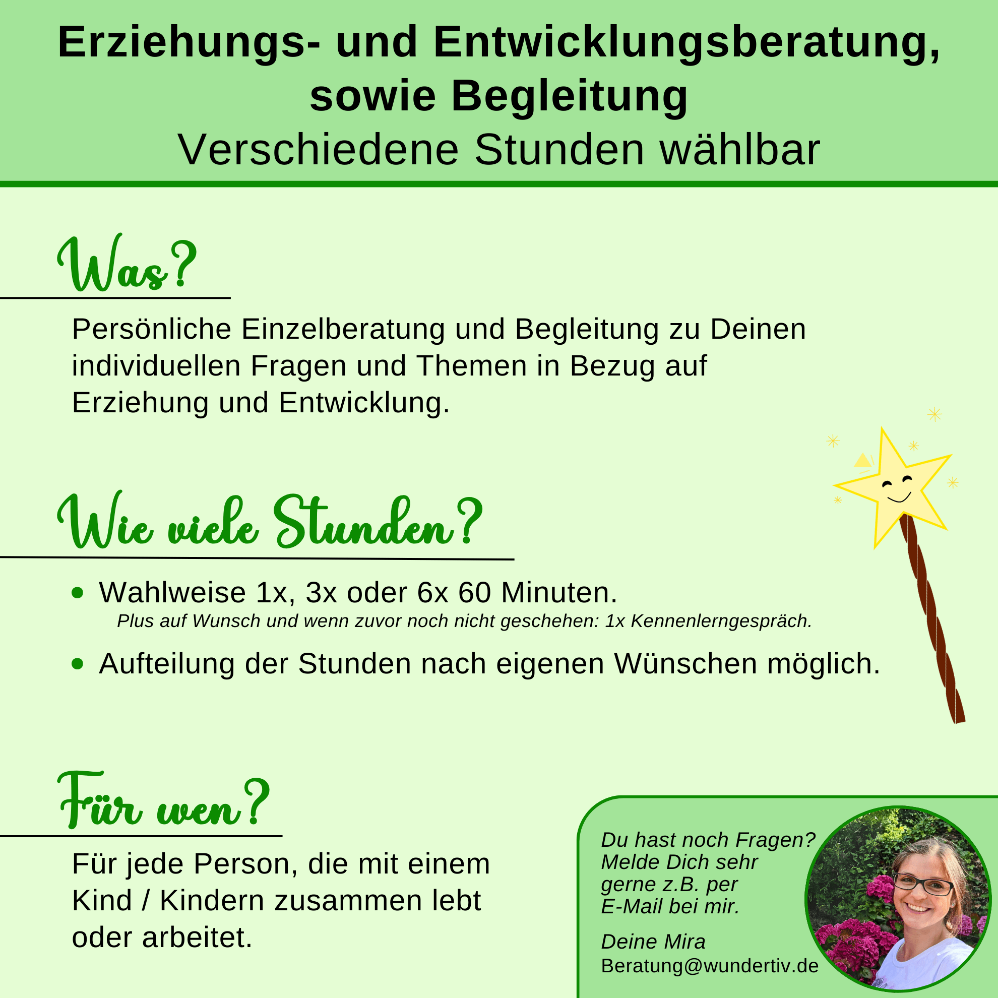 Die Kurzbeschreibung zu dem Angebot der Erziehungs- und Entwicklungsberatung und Begleitung von Wundertiv bzw. Mira Dahm auf grünem Hintergrund