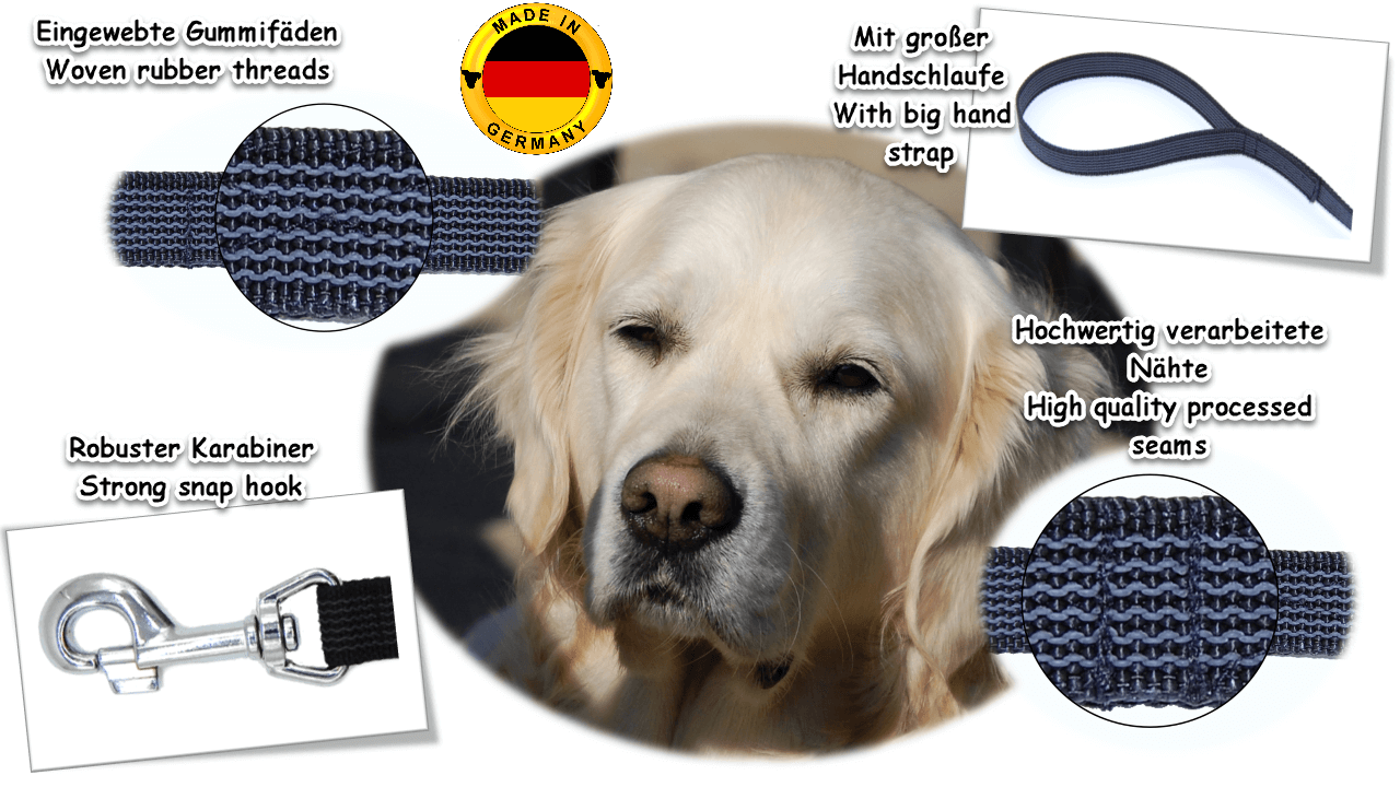 Bild von Golden Retriever in der Mitte. Um ihn herum Auflistung von Bildern und Schrift mit Vorteilen von schwarz gummierter Schleppleine mit Handschlaufe.