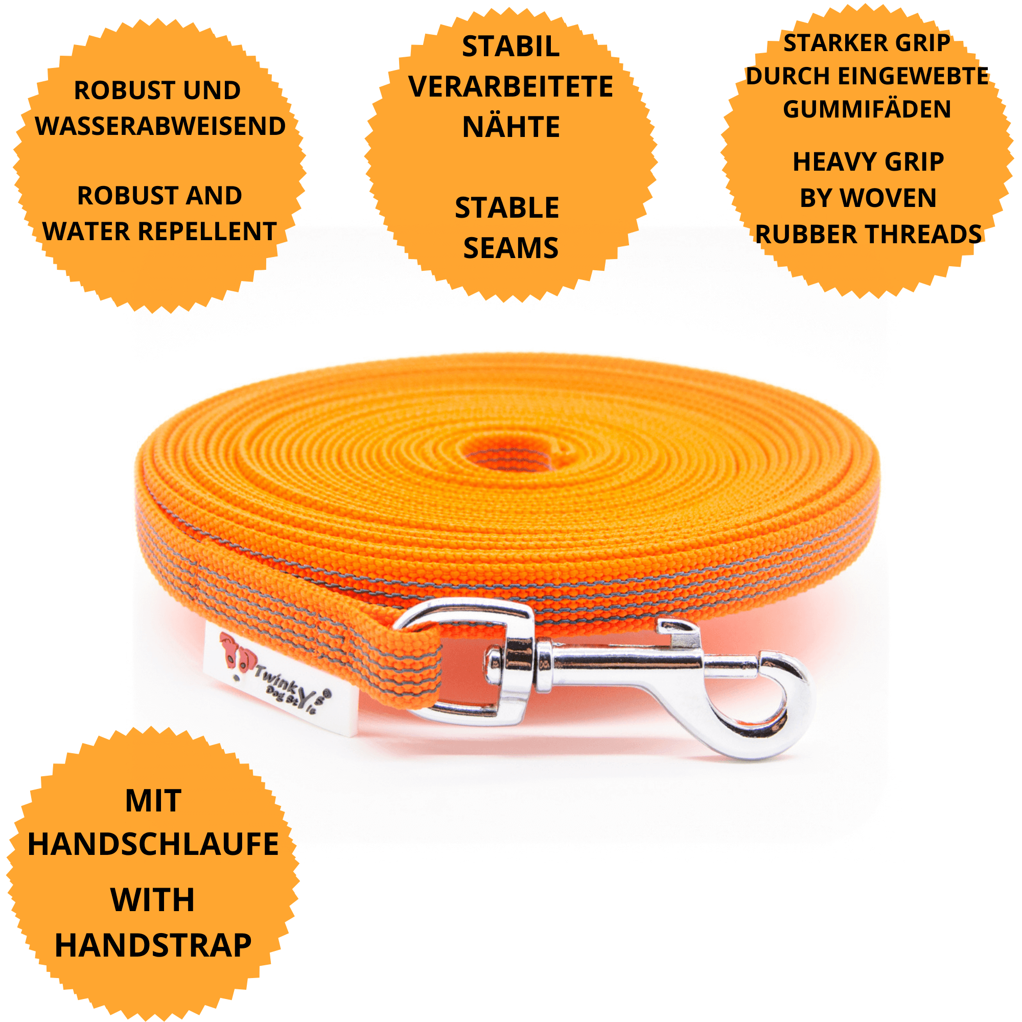 Orange gummierte 15 mm breite Schleppleine liegt aufgerollt auf weißem Hintergrund. Drumherum sind Punkte mit Vorteilen dieser Schleppleine mit Zinkdruckgusskarabiner und Handschlaufe