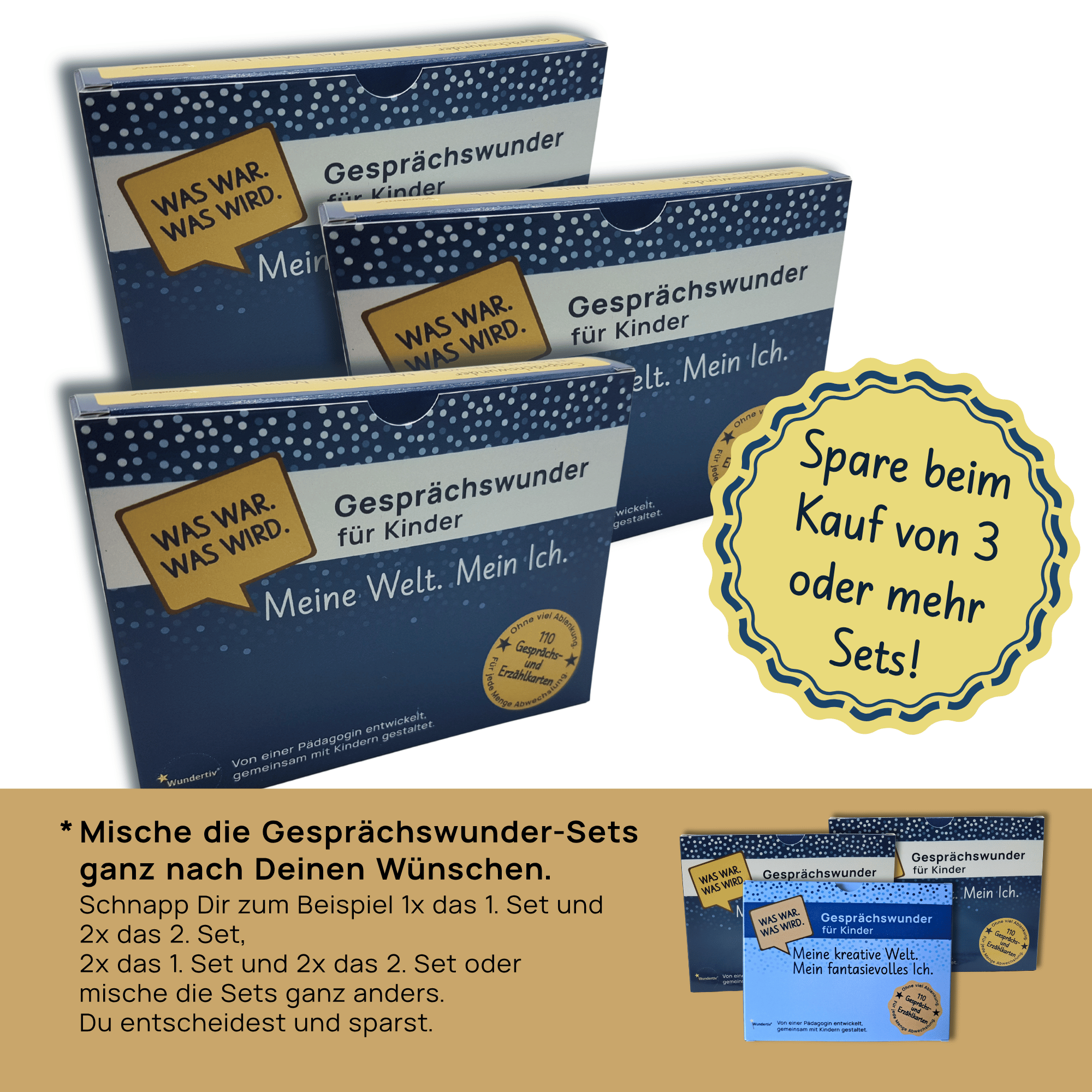 Drei blaue Verpackungen des Kartenspiels. Eine großer gelber Punkt bewirbt ein Sparangebot: "Spare beim Kauf von 3 oder mehr Sets!". Ideal für pädagogische Einrichtungen oder zum Verschenken.