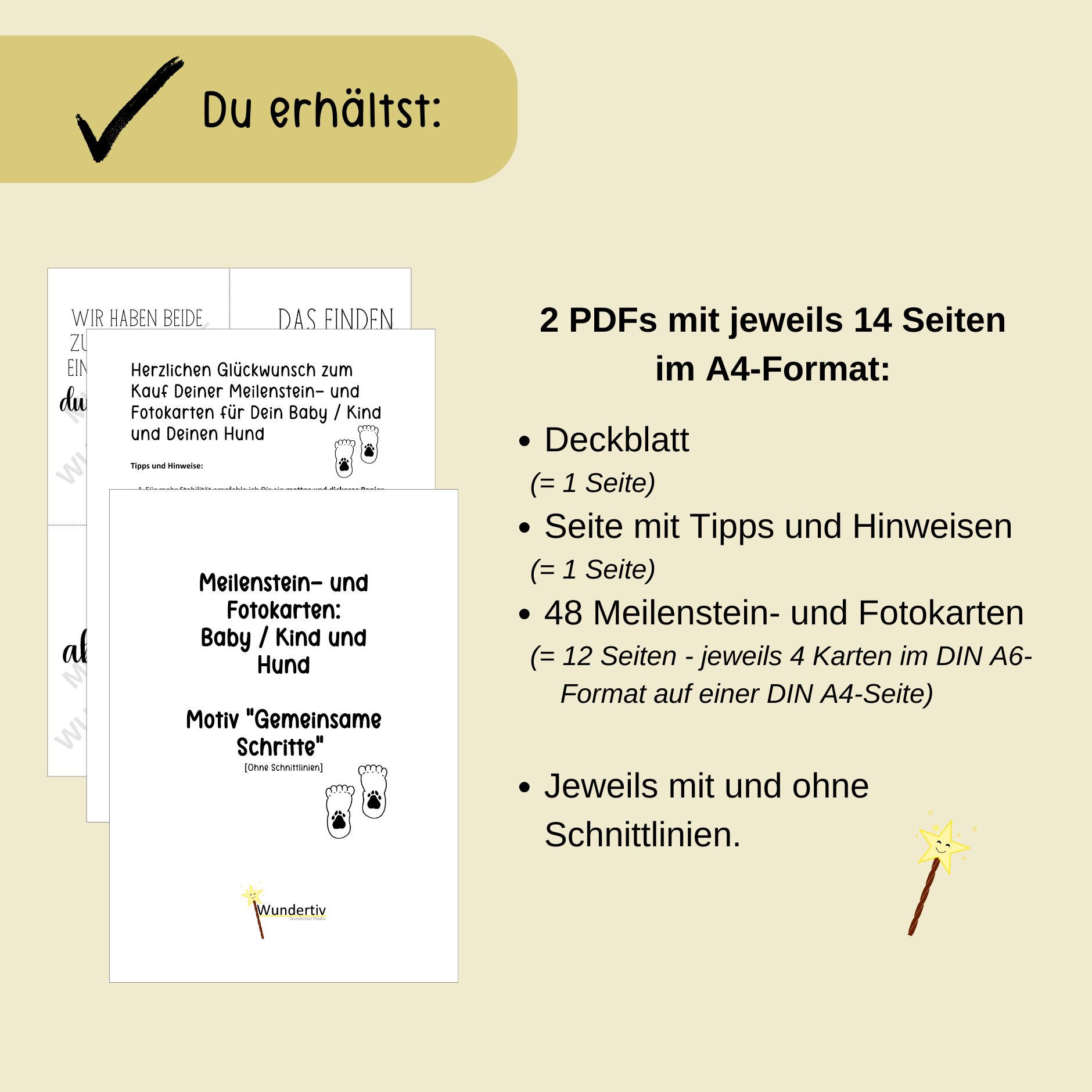 Hinweisbild zu den Wundertiv Meilenstein- und Fotokarten Baby / Kind und Hund: Motiv Gemeinsame Schritte. Hinweis zum Inhalt.