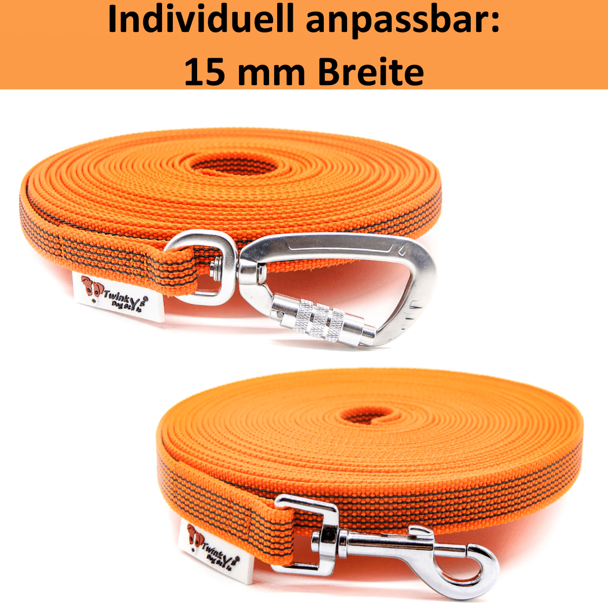 Zwei orange gummierte Schleppleinen liegen aufgerollt auf weißem Hintergrund. Die Obere mit einem Sicherheitskarabiner, die untere mit einem Edelstahlkarabiner oder Zinkdruckgusskarabiner. Darüber steht Schwarz auf orangenem Balken Individuell anpassbar 1