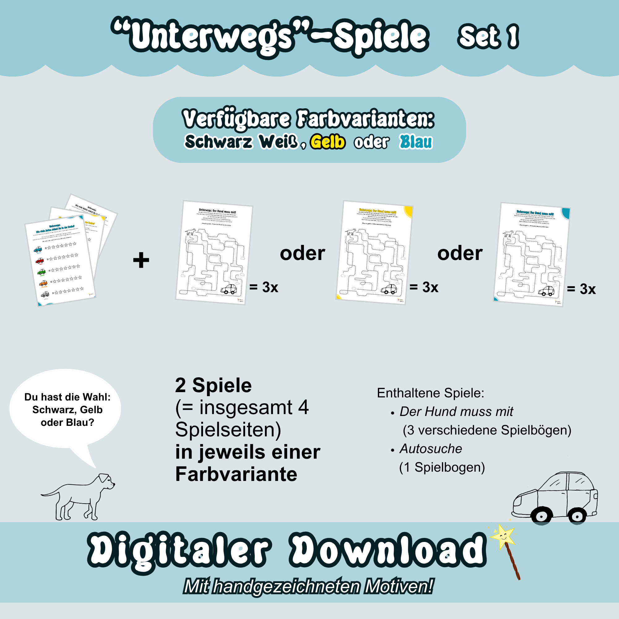 Übersichtsbild zum Spiele-Set 1 zum Thema "Unterwegs" - Überblick mit allen Farben: Alle Spielbögen von Set 1 sind auf blauem Hintergrund zu sehen. Dazu sind Inhaltsangaben zu den enthaltenen Spielen aufgezeigt.