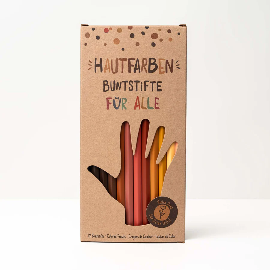 Verpackung der Hautfarben Buntstifte von Vorne auf weißem Hintergrund