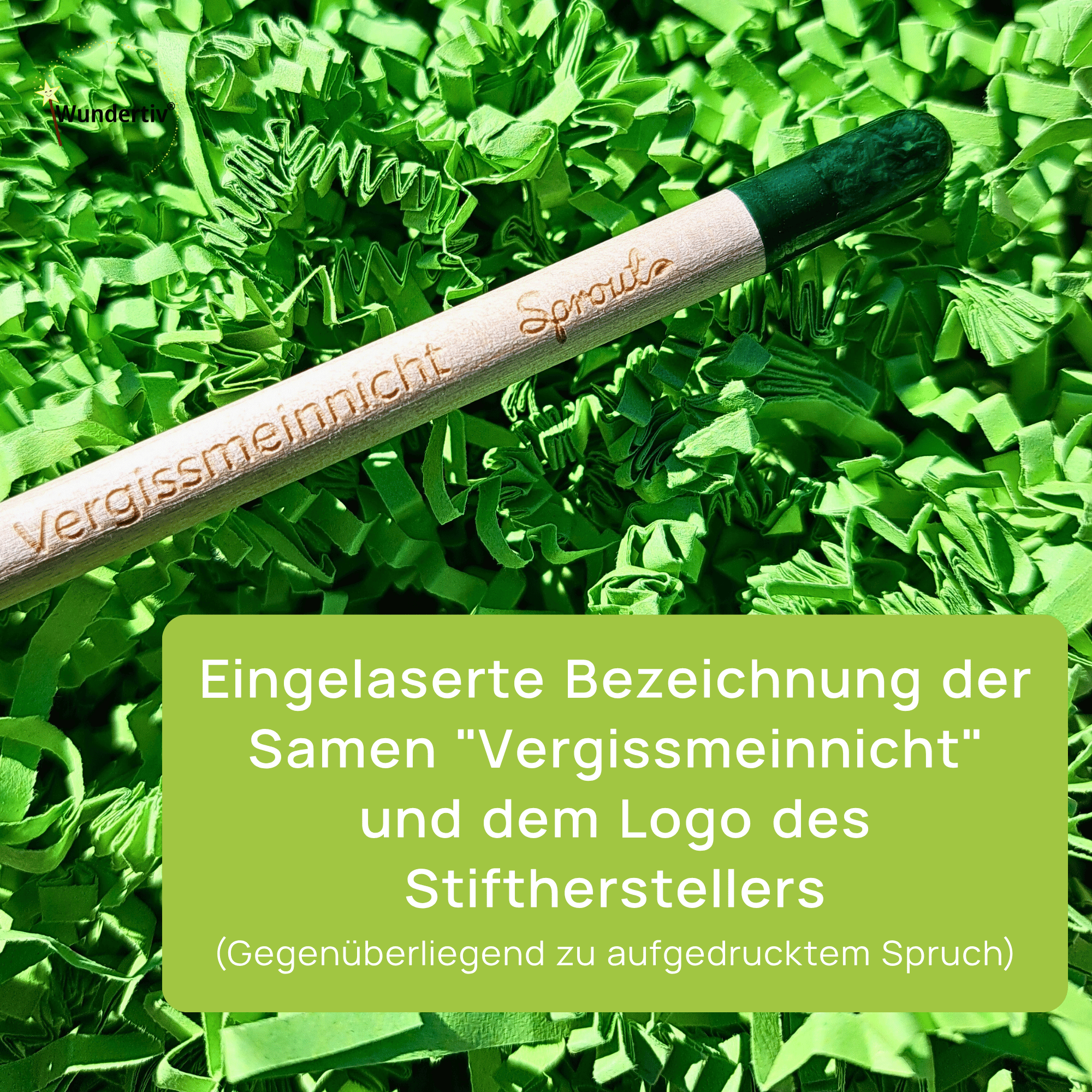 Eingelaserte Samen-Bezeichnung auf dem nachhaltigen Pflanzstift Holzbleistift auf grünem Füllmaterial. Ein Textfeld erklärt die eingelaserte Samen-Bezeichnung „Vergissmeinnicht“ und das Hersteller-Logo.