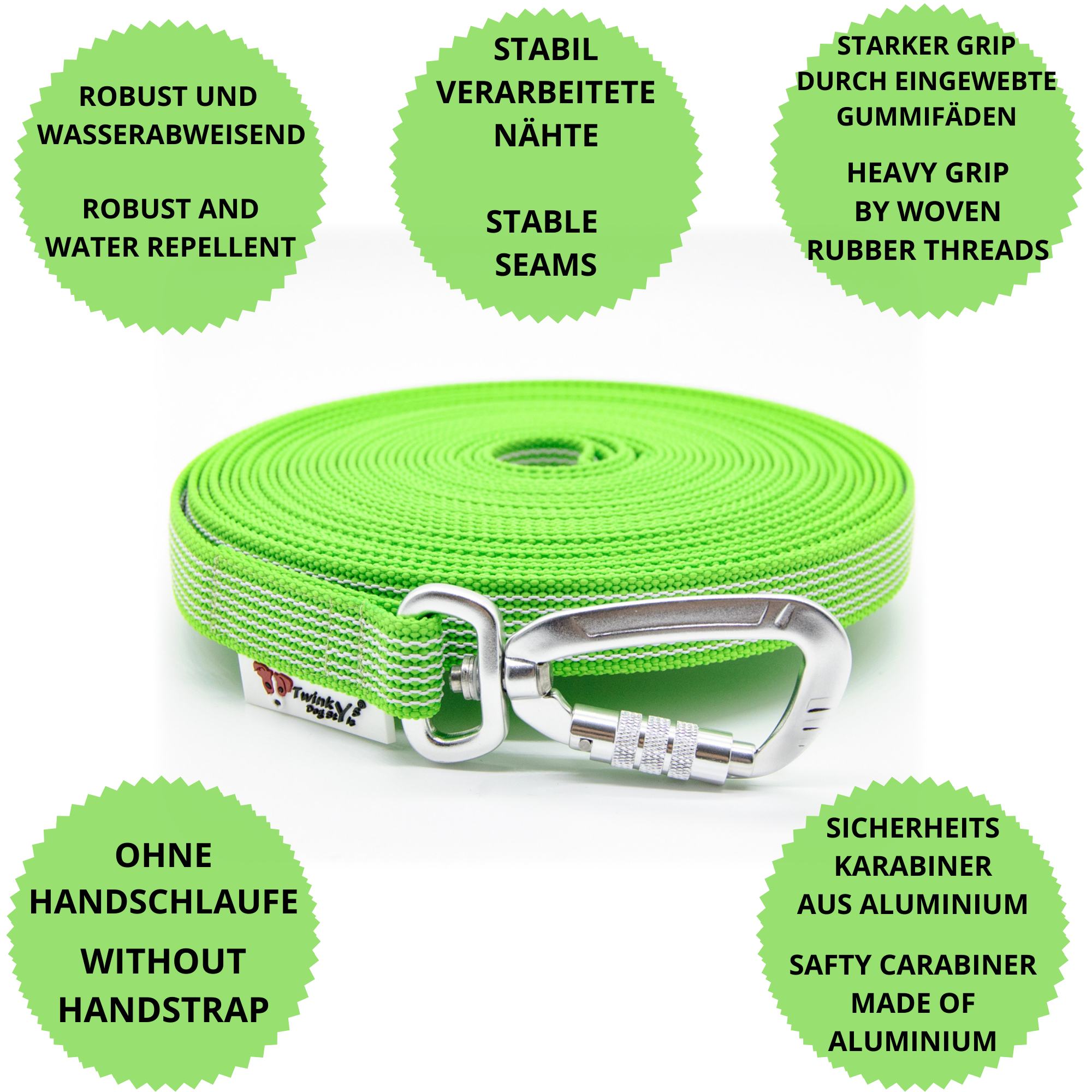 Übersichtsbild von hellgrün gummierten Schleppleinen von Twinkys Dog Style - Individuell anpassbar Hellgrüne gummierte Schleppleine mit Sicherheitskarabiner liegt aufgerollt auf weißem Hintergrund. Drumherum sind Punkte mit Vorteilen von hellgrüner gummierten Schleppleine mit Sicherheitskarabiner ohne Handschlaufe