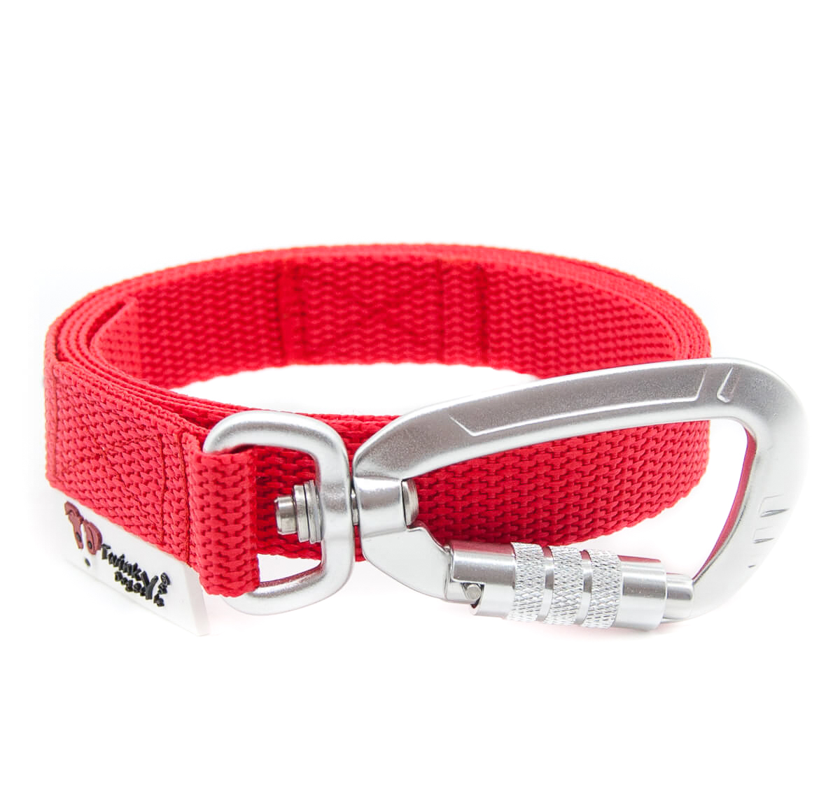 Rote 1 Meter Leine mit Sicherheitskarabiner - aus leichten Gurtband von Twinkys Dog Style Rote 1 Meter Leine aus leichtem Gurtband mit Sicherheitskarabiner, liegt aufgerollt auf weißem Hintergrund