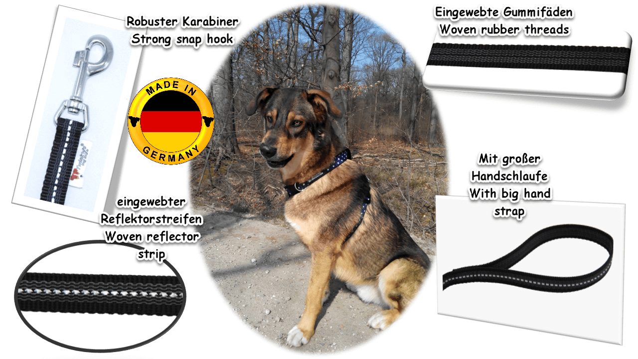 Bild von Mischlingshund in der Mitte. Er sitzt auf einem Weg, hinter ihm sind die Stämme von Bäumen zu sehen. Um dieses Bild herum Auflistung von Bildern und Schrift mit Vorteilen von schwarz reflektierend gummierter Schleppleine mit Handschlaufe.