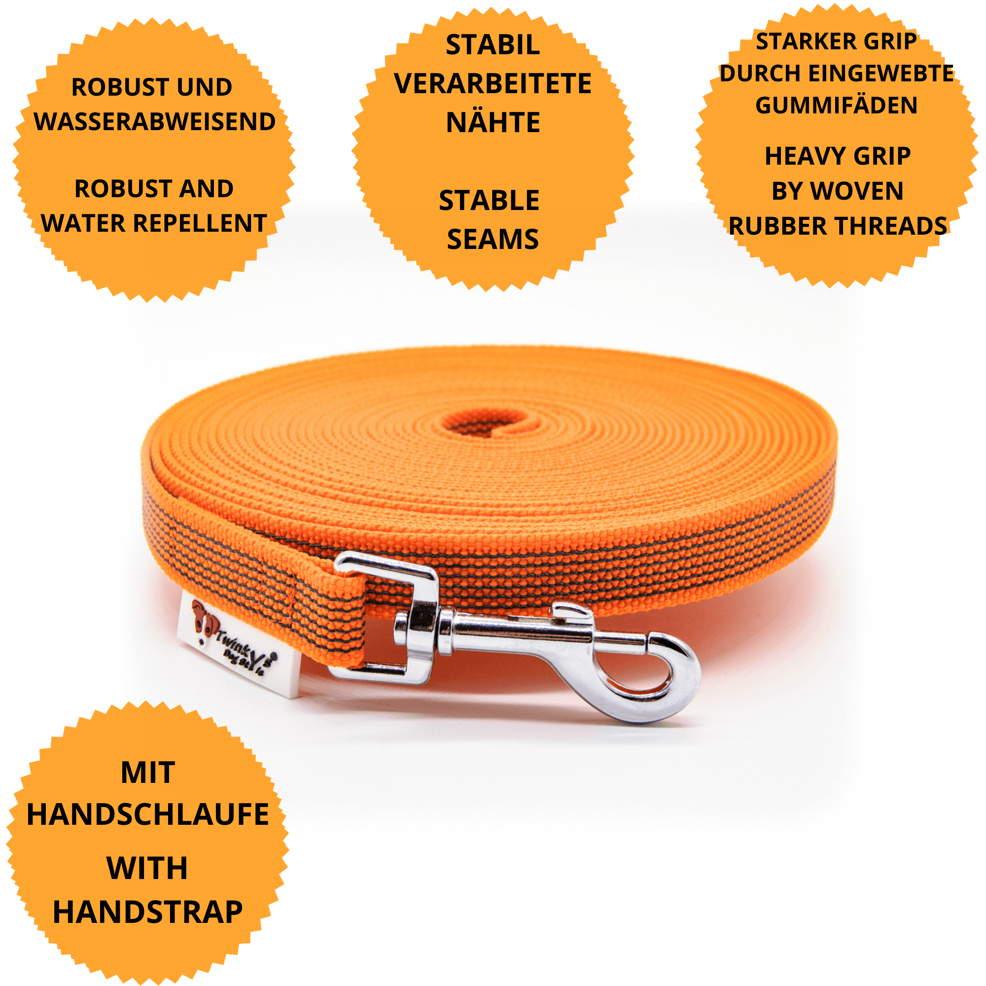 Orange gummierte Schleppleine liegt aufgerollt auf weißem Hintergrund. Um sie herum sind Punkte mit Vorteilen von dieser Schleppleine mit Zinkdruckgusskarabiner und Handschlaufe